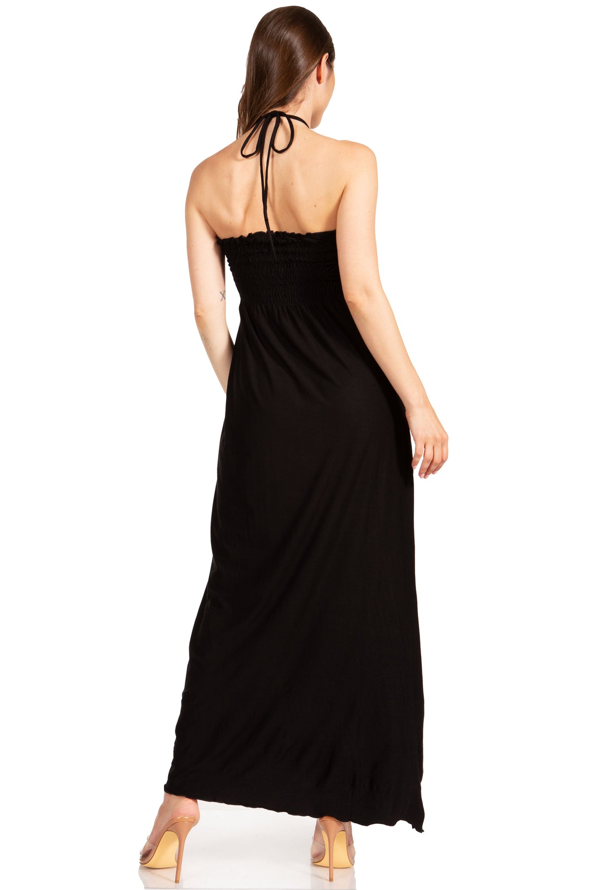 Sakkas Soft Jersey Feel Solid Color Smocked Bodice String Halter Long Dress