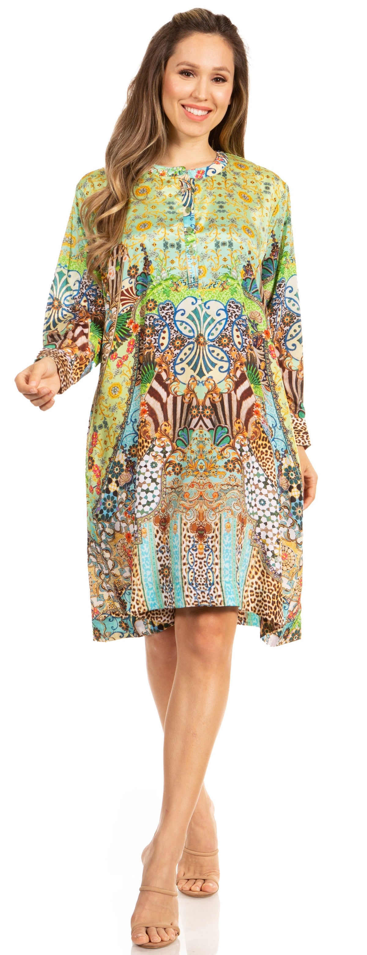 Floral Print Women's Long Sleeve Tunic Dress with Pockets - Sakkas Eloisa
