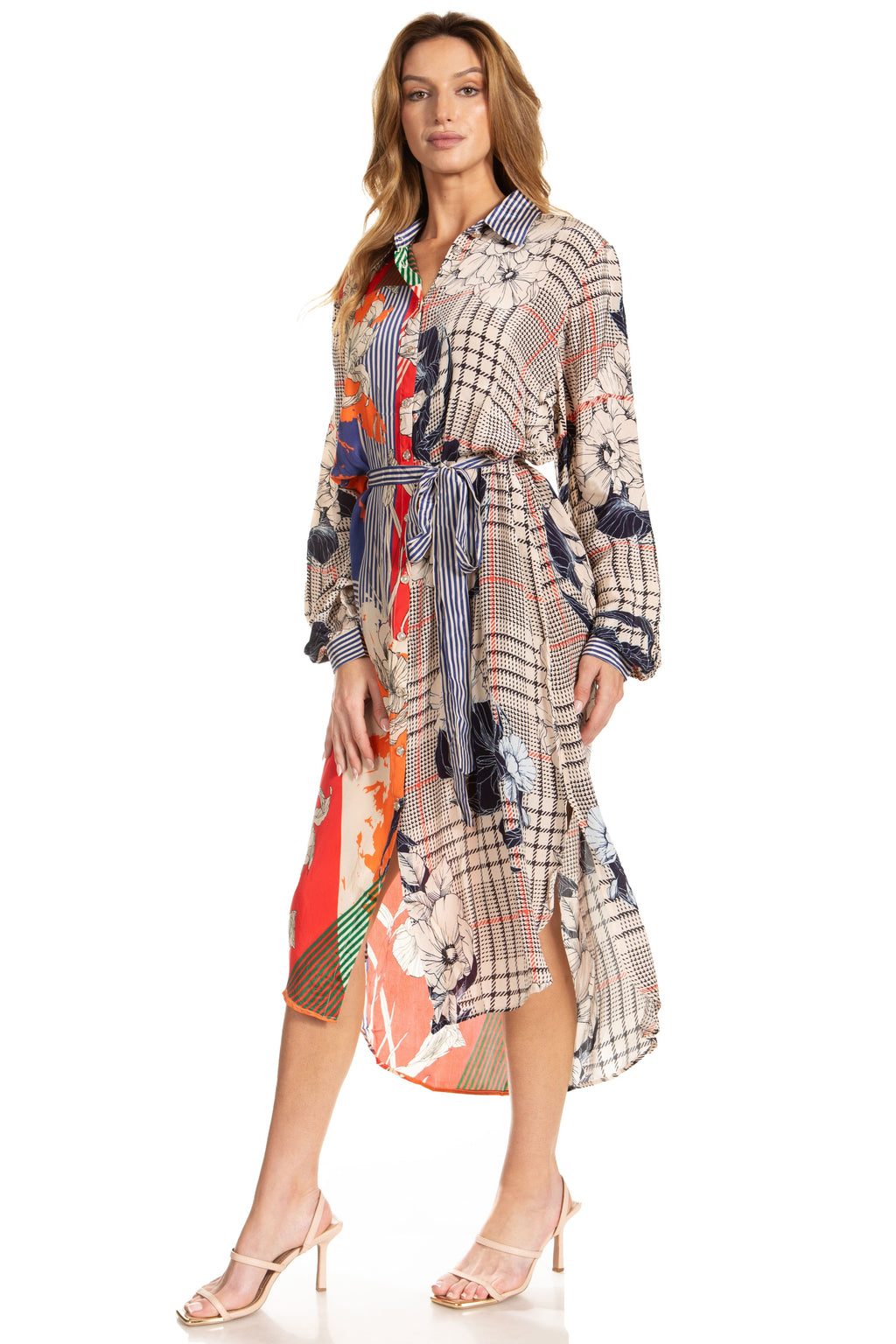 Sakkas Rina Women's Floral Print Maxi Dress with Long Sleeves and Flounce Shirt Design