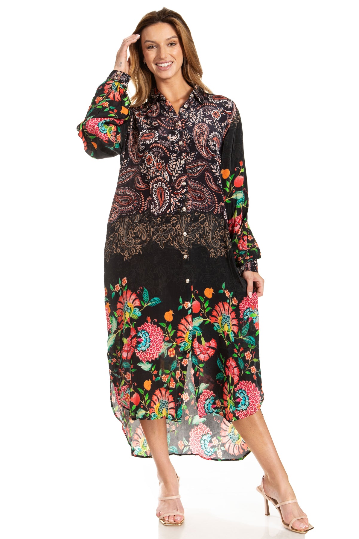 Sakkas Rina Women's Floral Print Maxi Dress with Long Sleeves and Flounce Shirt Design