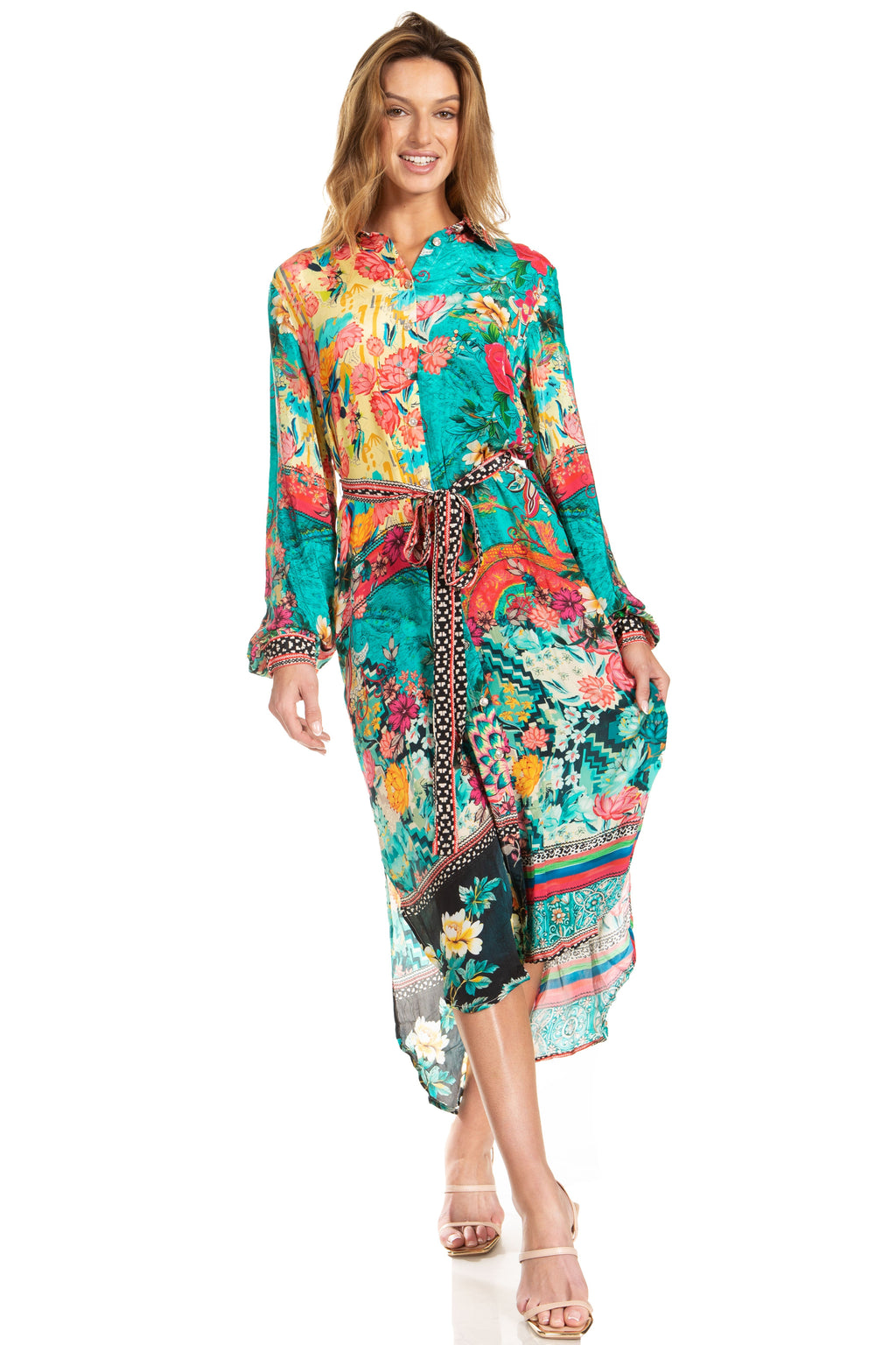 Sakkas Rina Women's Floral Print Maxi Dress with Long Sleeves and Flounce Shirt Design