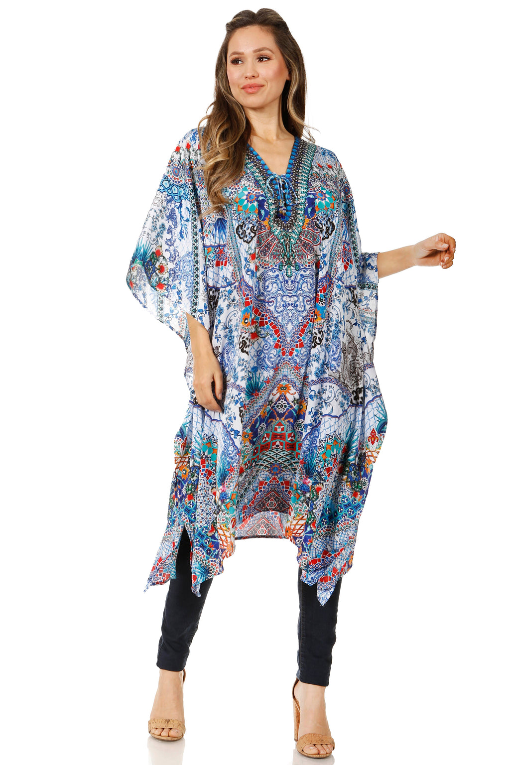Sakkas Zeni Women's Short sleeve V-neck Summer Floral Print Caftan Dress Cover-up