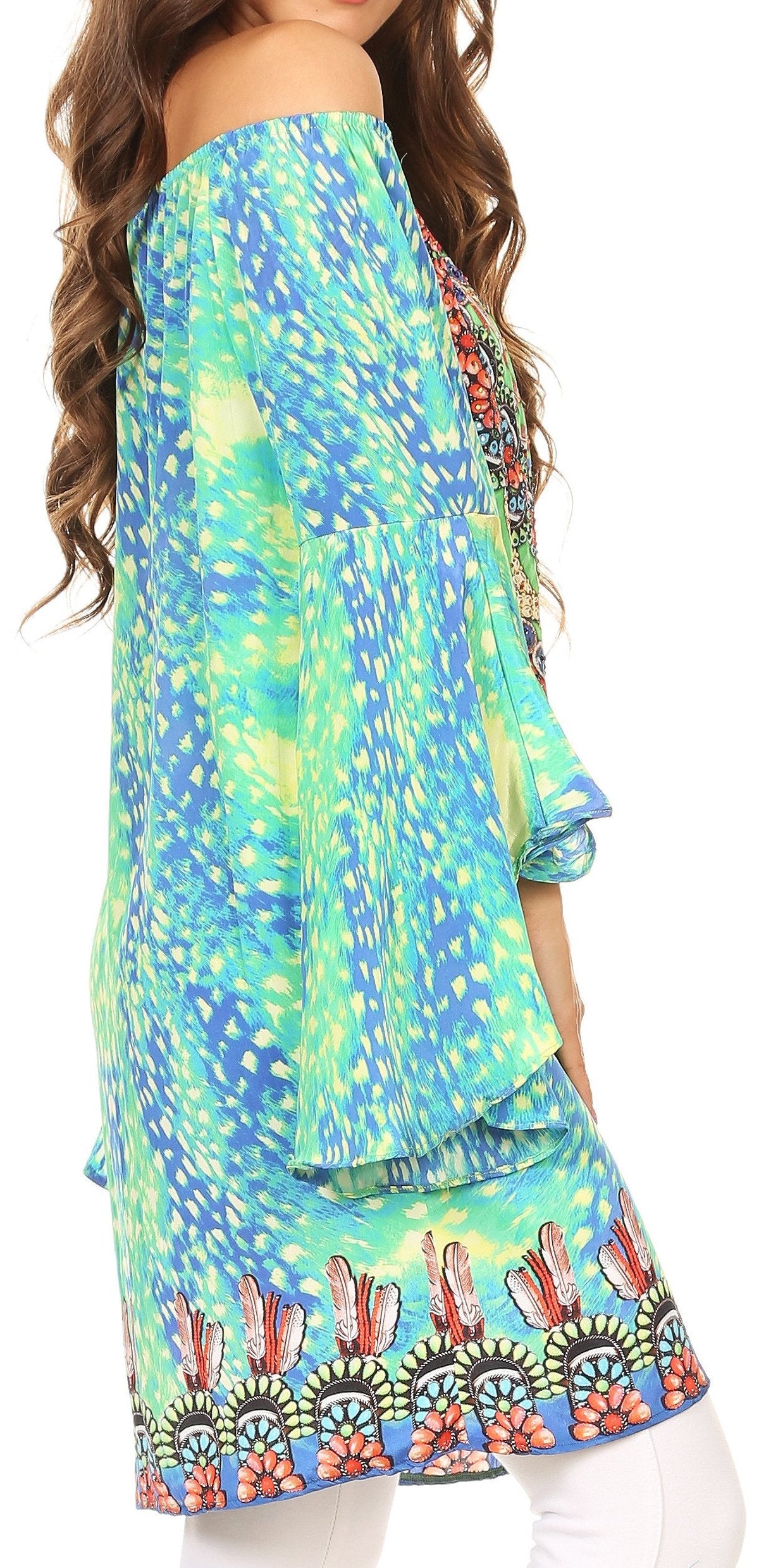 Sakkas Inna Colorful Shift Dress Tunic with Bell Ruffled Sleeves & Rhinestones
