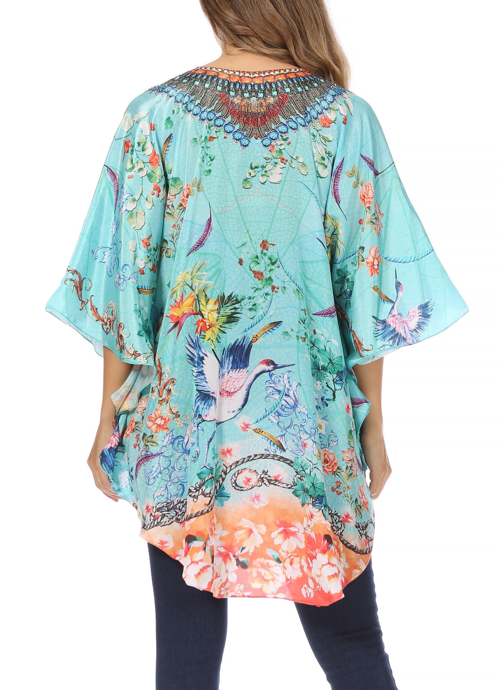 Sakkas Tallulah Wide Circle Blouse V Neck Top With Tassle Ties And Rhinestones