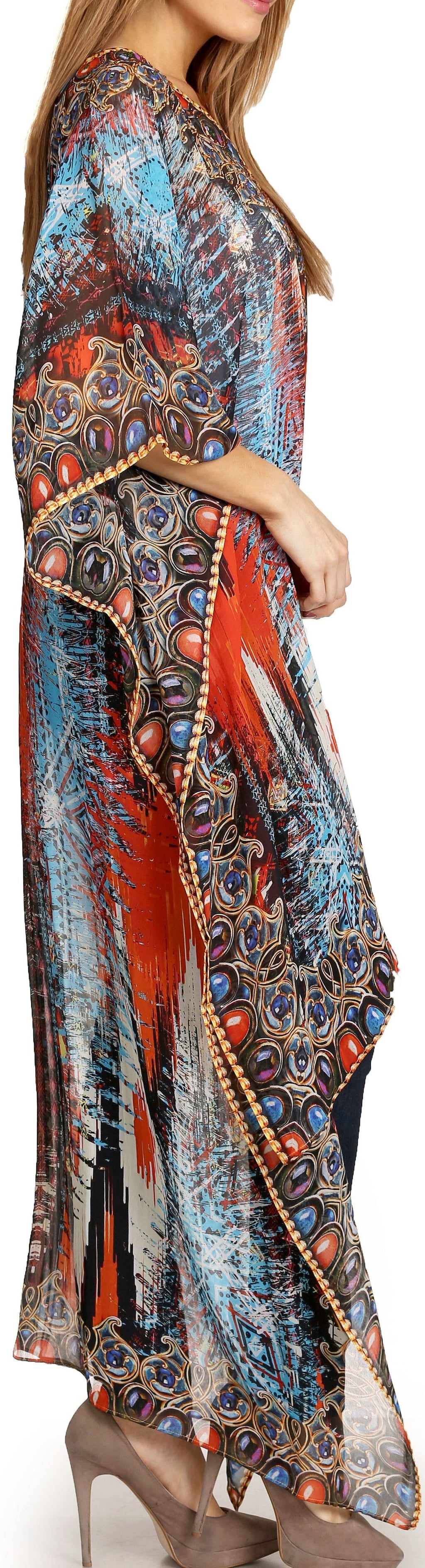 Sakkas Zeke Hi Low V-Neck Caftan Dress Printed Top Cover / Up
