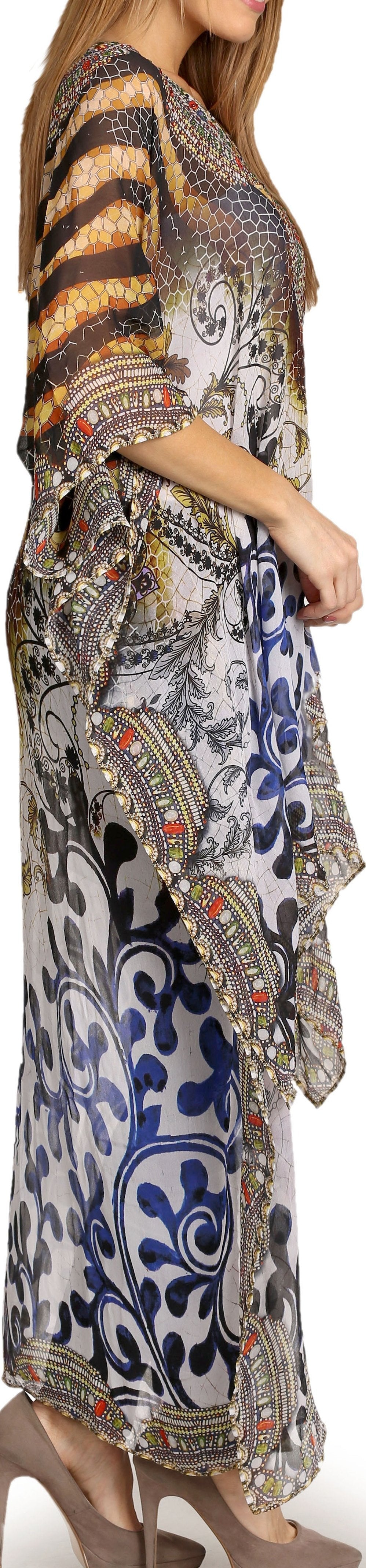 Sakkas Zeke Hi Low V-Neck Caftan Dress Printed Top Cover / Up