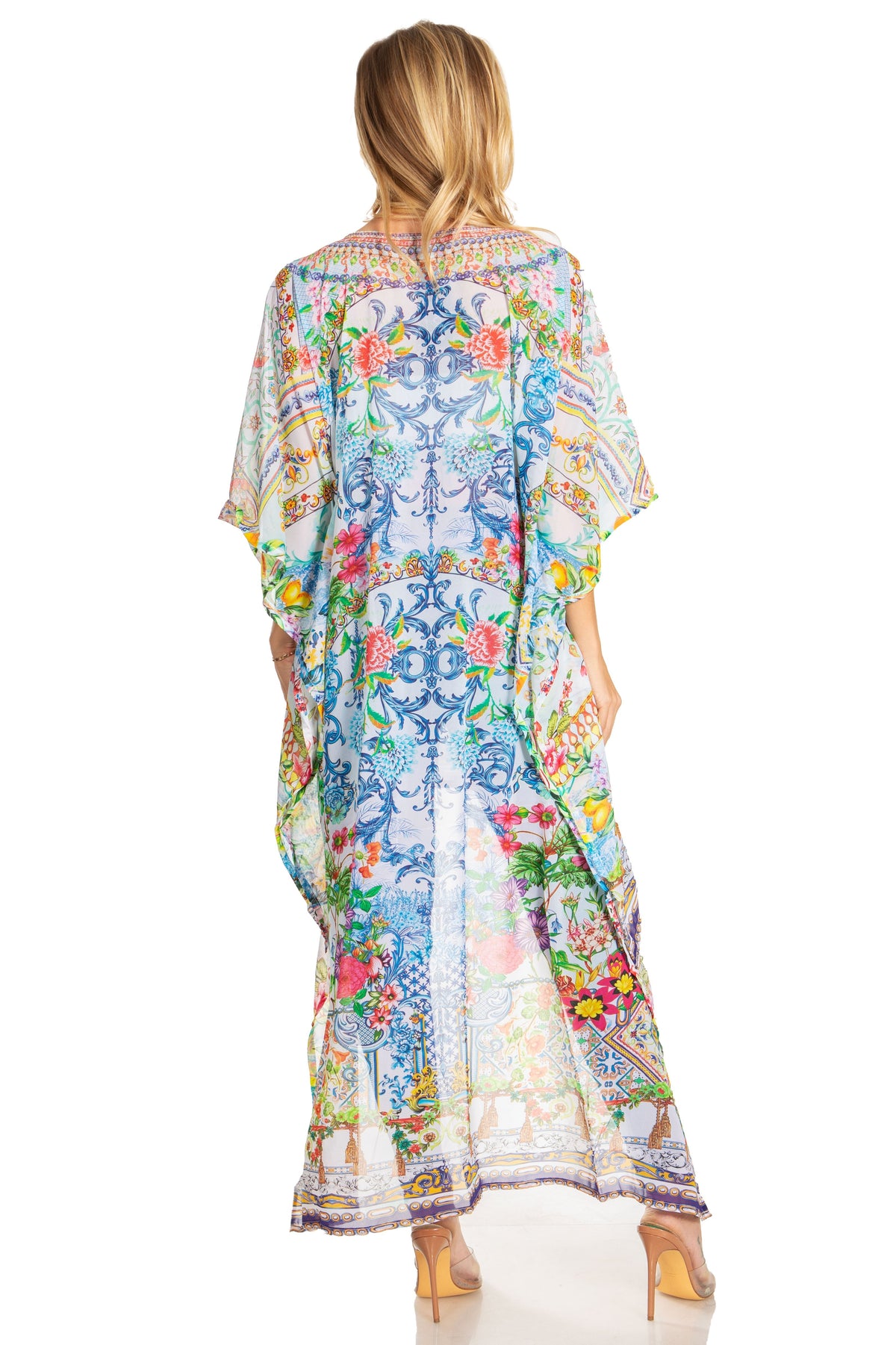 Sakkas Zeke Hi Low V-Neck Caftan Dress Printed Top Cover / Up