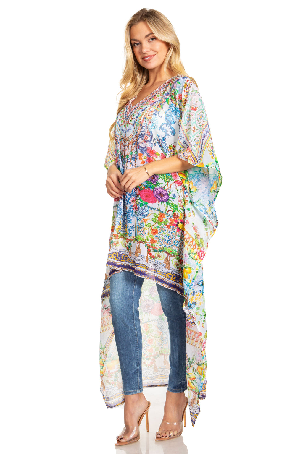 Sakkas Zeke Hi Low V-Neck Caftan Dress Printed Top Cover / Up