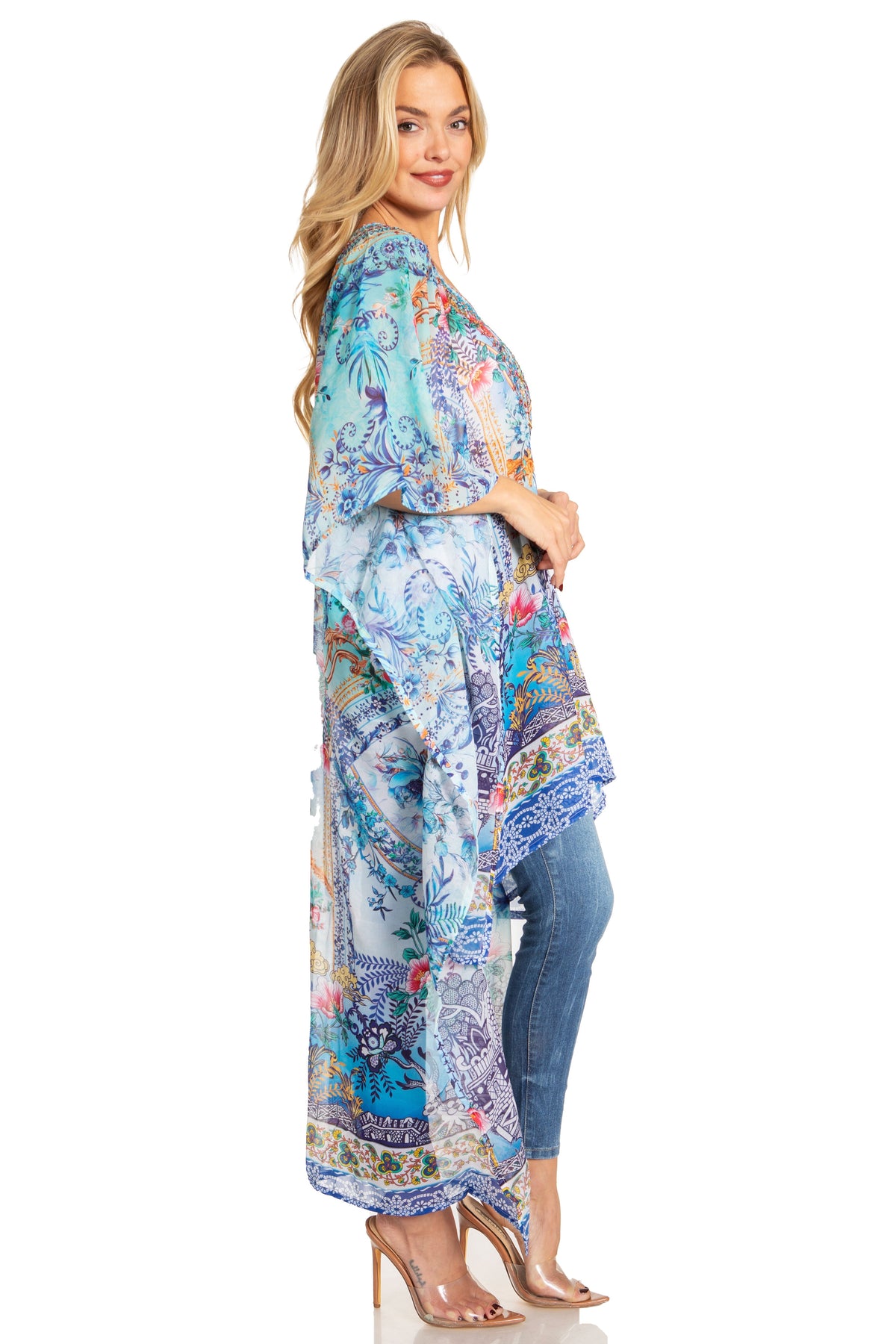 Sakkas Zeke Hi Low V-Neck Caftan Dress Printed Top Cover / Up