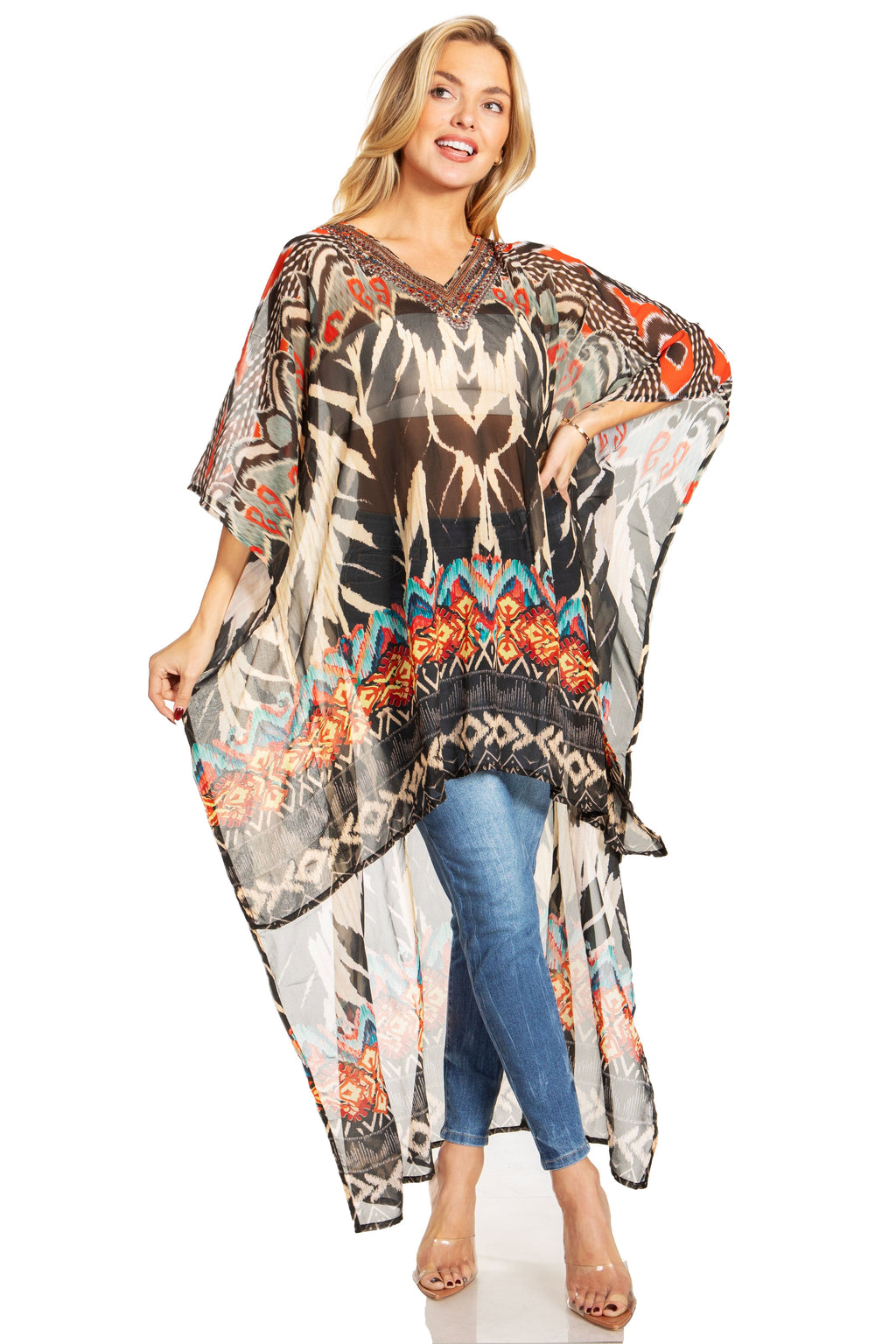 Sakkas Zeke Hi Low V-Neck Caftan Dress Printed Top Cover / Up