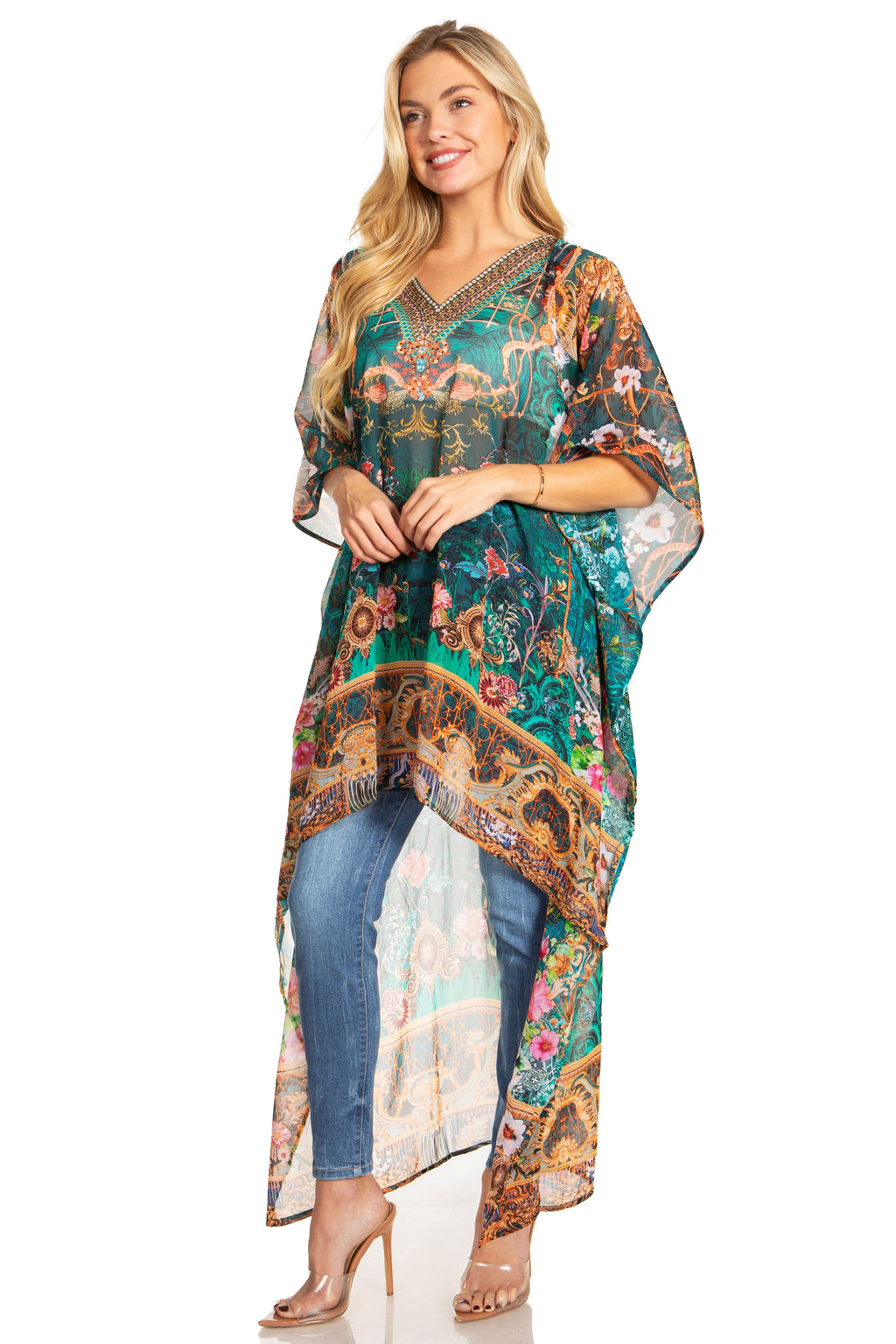 Sakkas Zeke Hi Low V-Neck Caftan Dress Printed Top Cover / Up