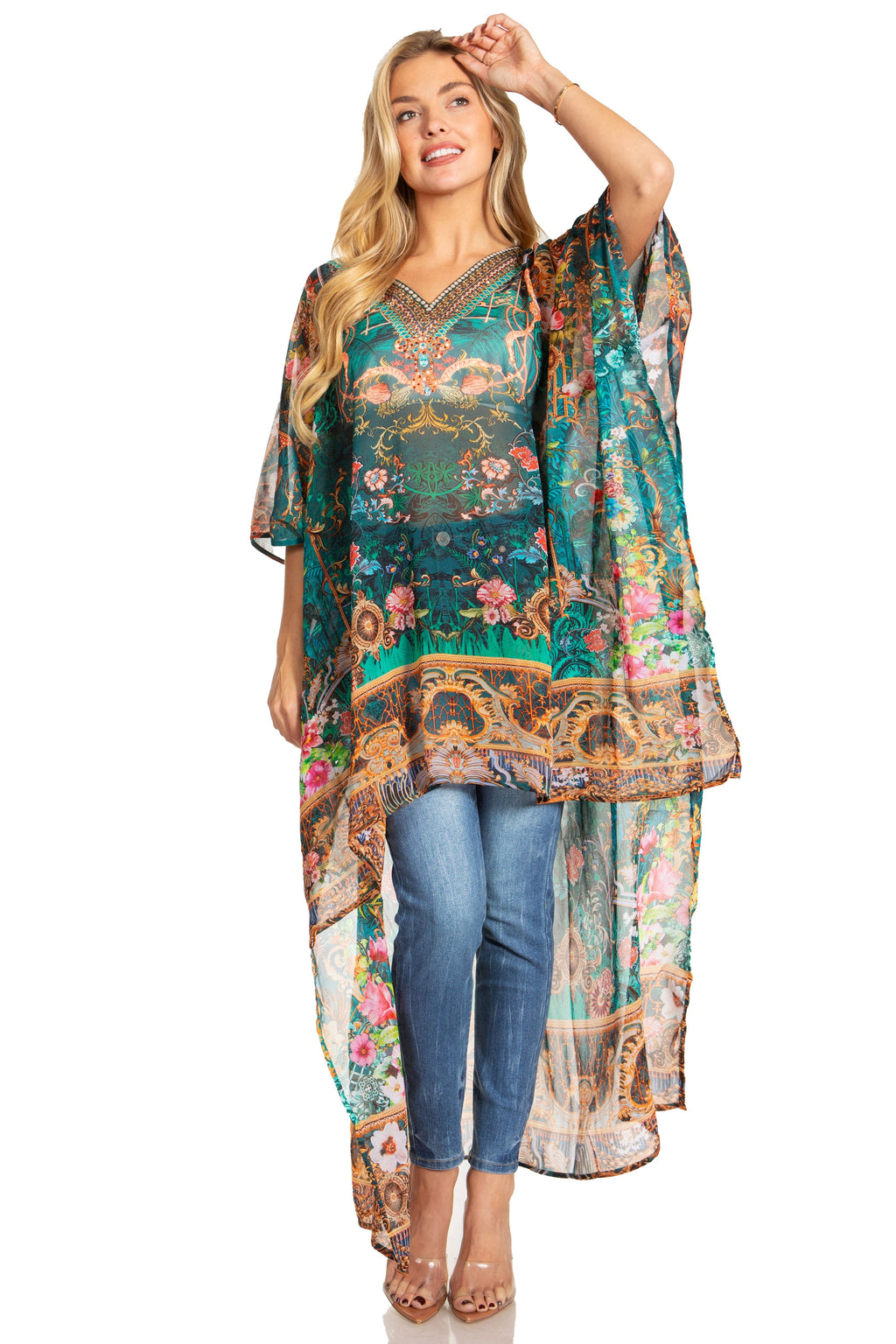 Sakkas Zeke Hi Low V-Neck Caftan Dress Printed Top Cover / Up