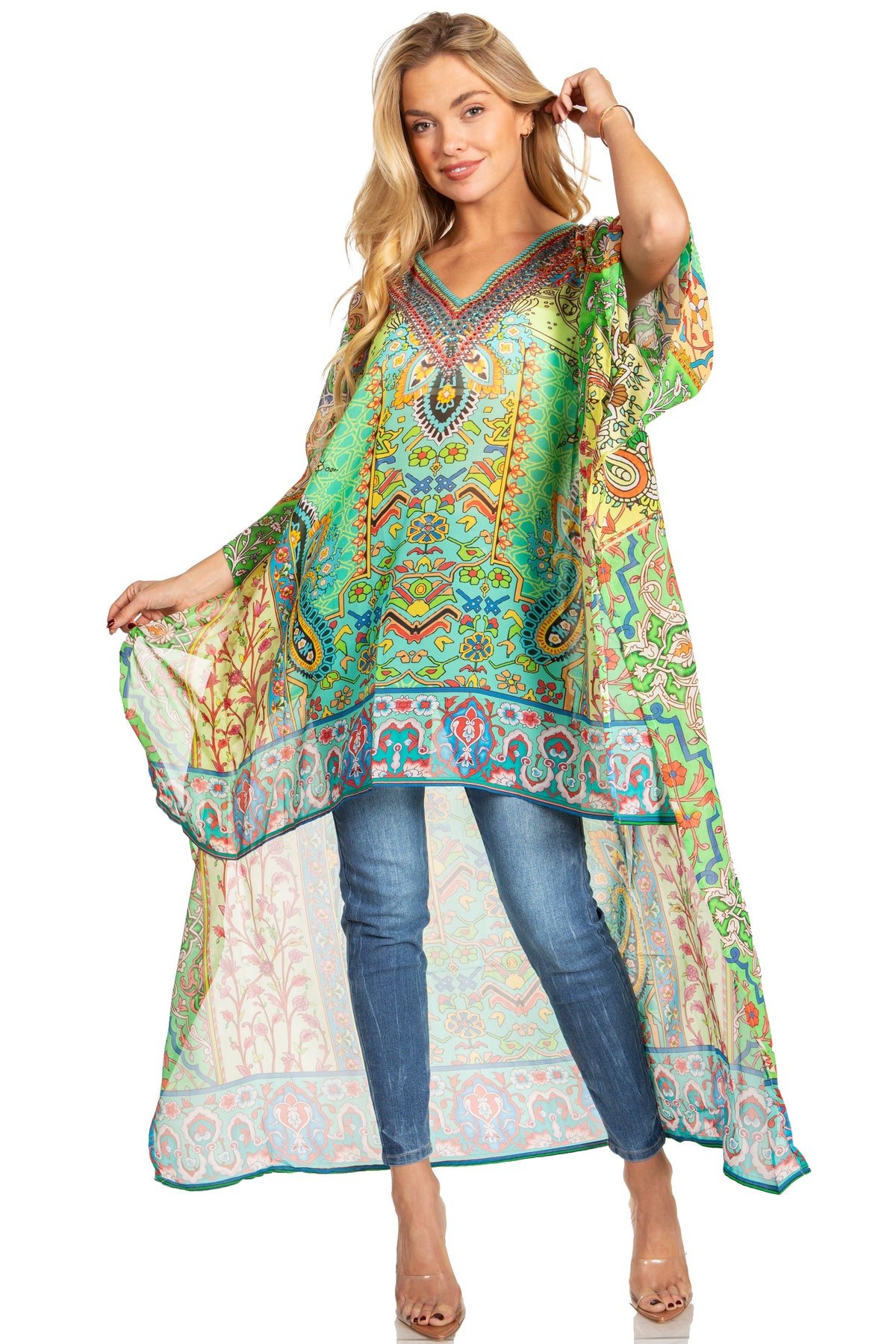 Sakkas Zeke Hi Low V-Neck Caftan Dress Printed Top Cover / Up