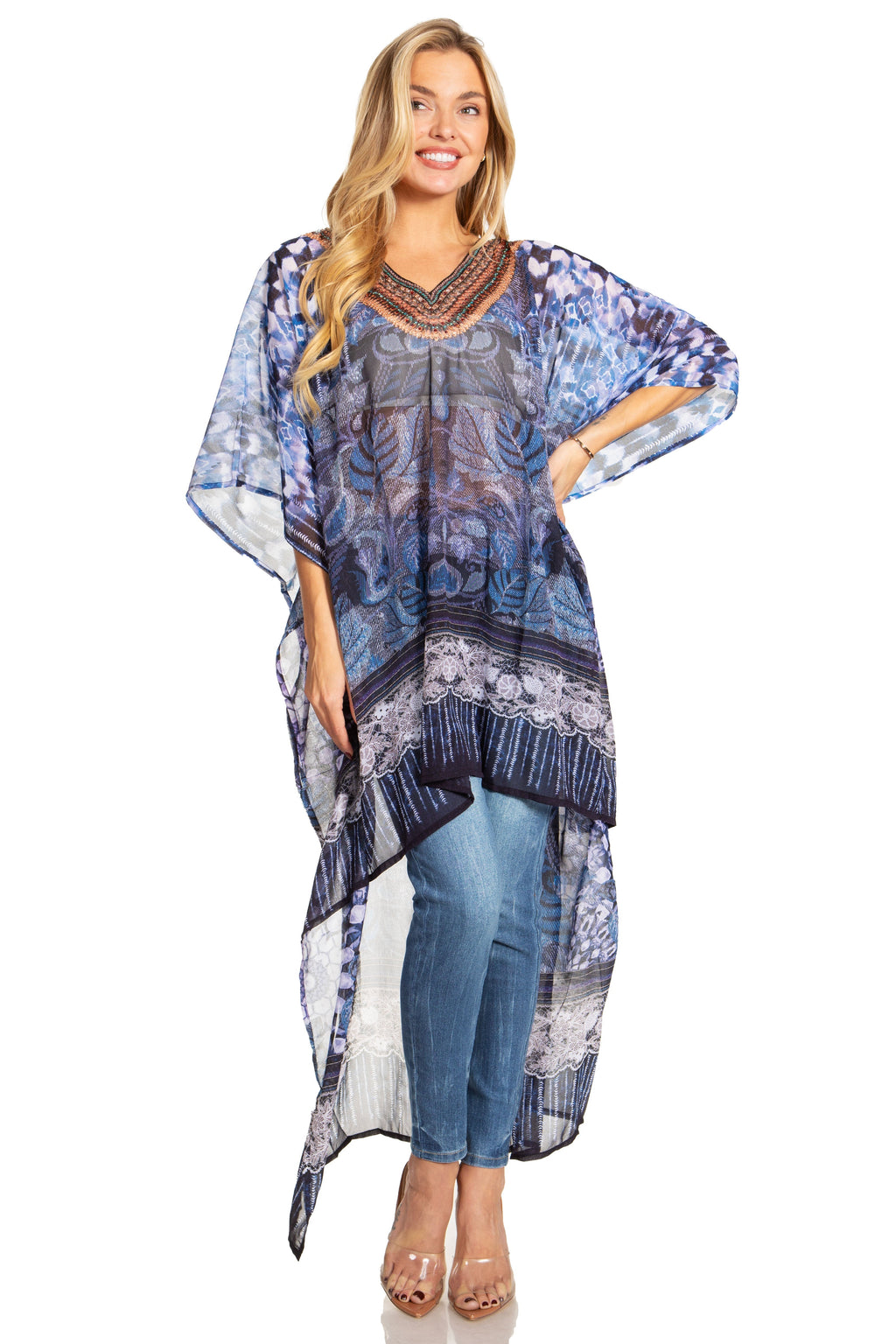 Sakkas Zeke Hi Low V-Neck Caftan Dress Printed Top Cover / Up