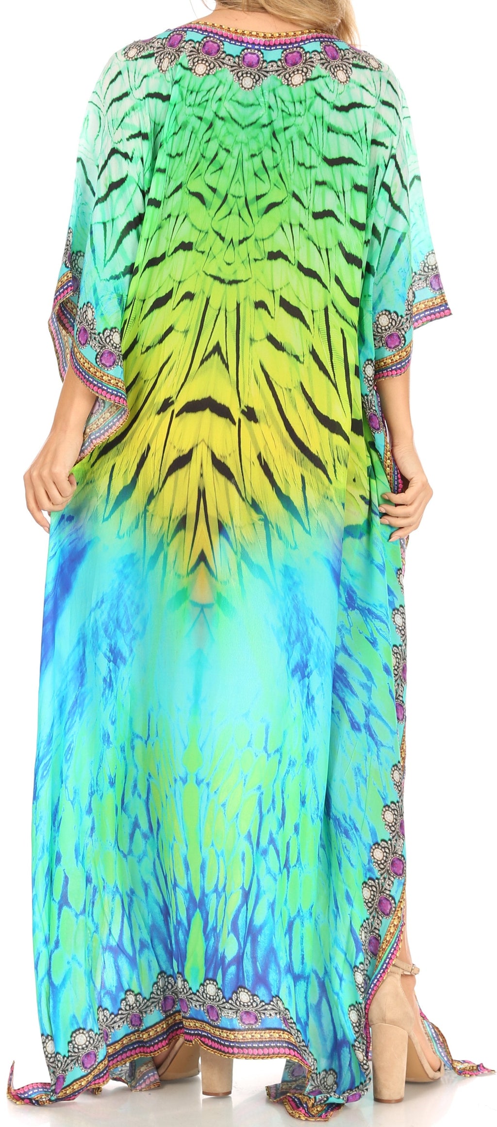 Sakkas Anahi Flowy Design V Neck Long Caftan Dress / Cover Up With Rhinestone