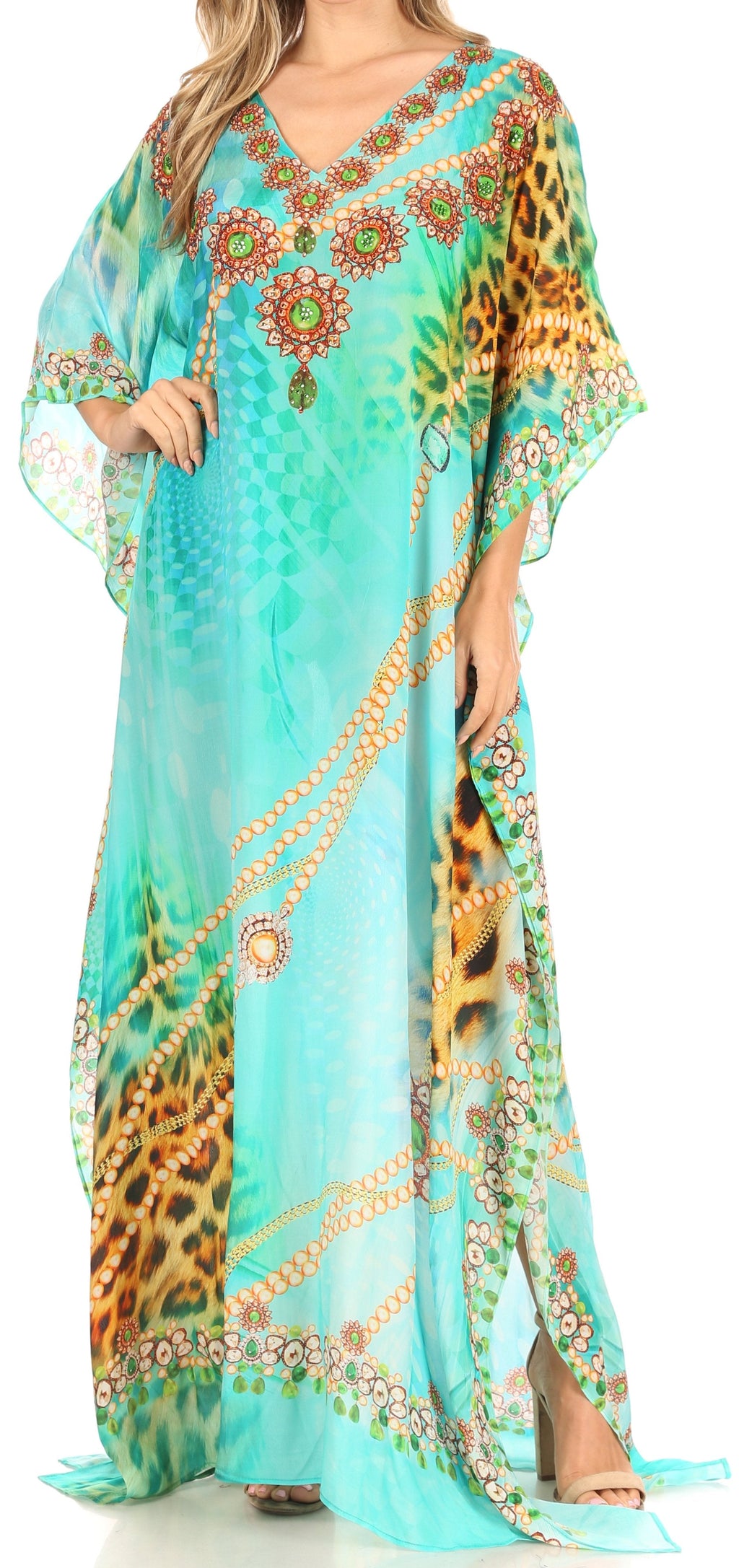 Sakkas Anahi Flowy Design V Neck Long Caftan Dress / Cover Up With Rhinestone