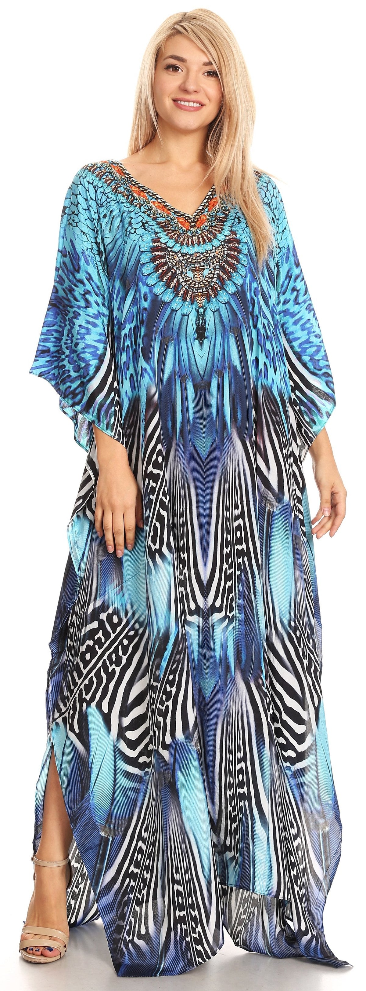Sakkas Anahi Flowy Design V Neck Long Caftan Dress / Cover Up With Rhinestone
