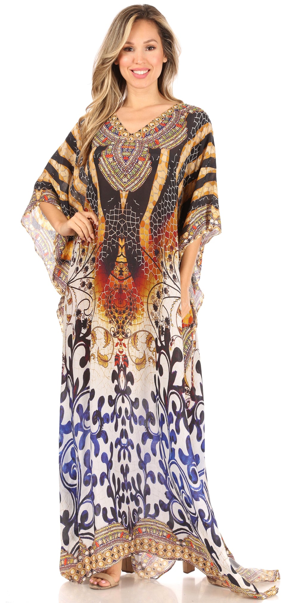 Sakkas Anahi Flowy Design V Neck Long Caftan Dress / Cover Up With Rhinestone