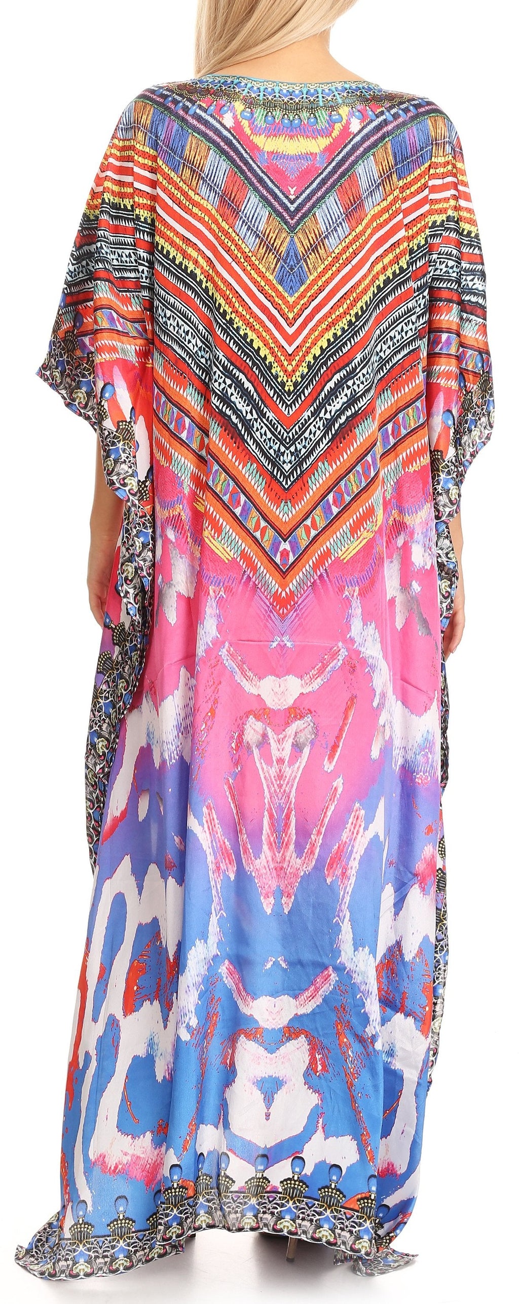 Sakkas Anahi Flowy Design V Neck Long Caftan Dress / Cover Up With Rhinestone