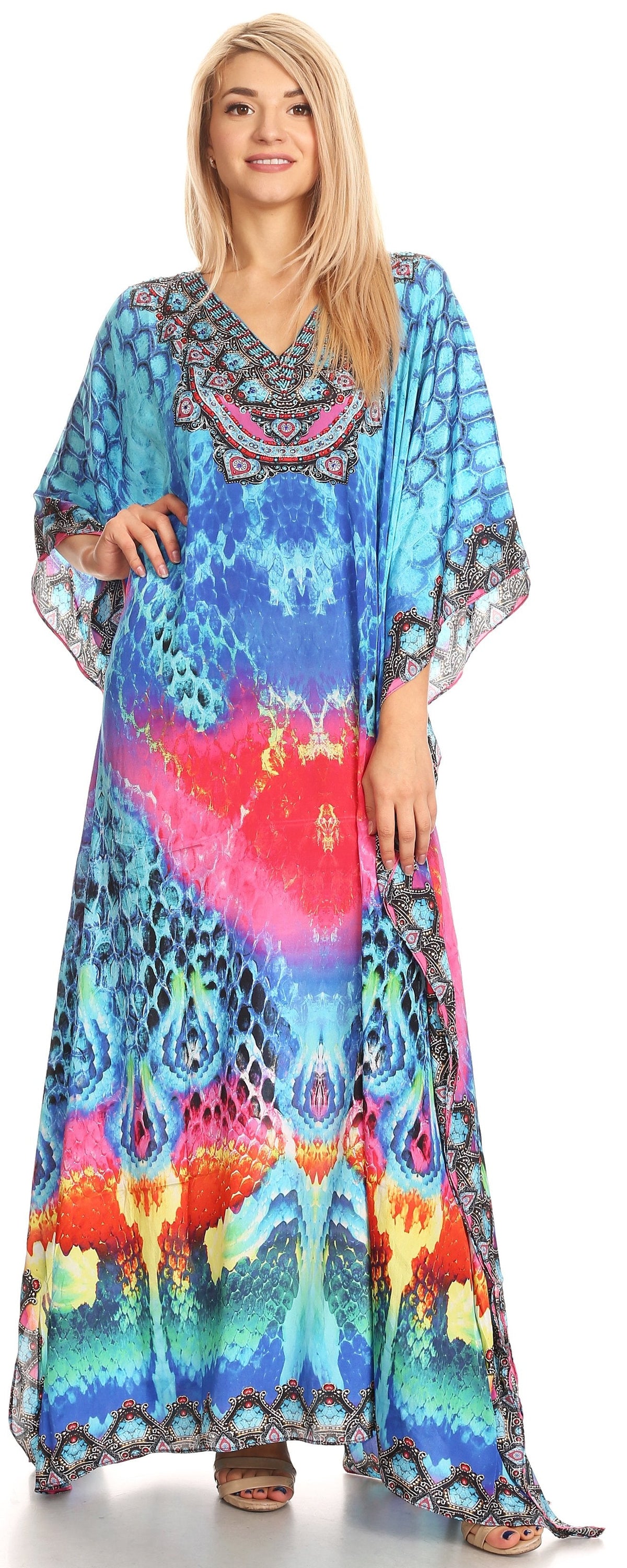 Sakkas Anahi Flowy Design V Neck Long Caftan Dress / Cover Up With Rhinestone