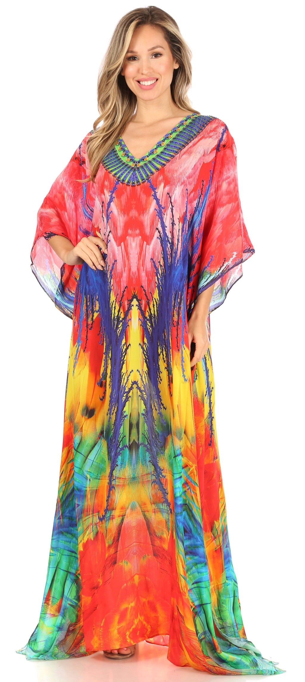 Sakkas Anahi Flowy Design V Neck Long Caftan Dress / Cover Up With Rhinestone