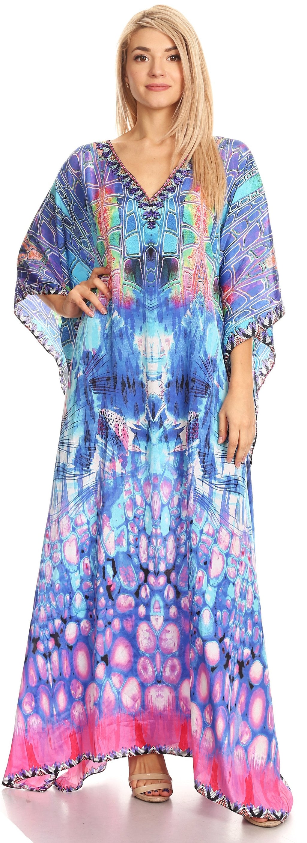 Sakkas Anahi Flowy Design V Neck Long Caftan Dress / Cover Up With Rhinestone
