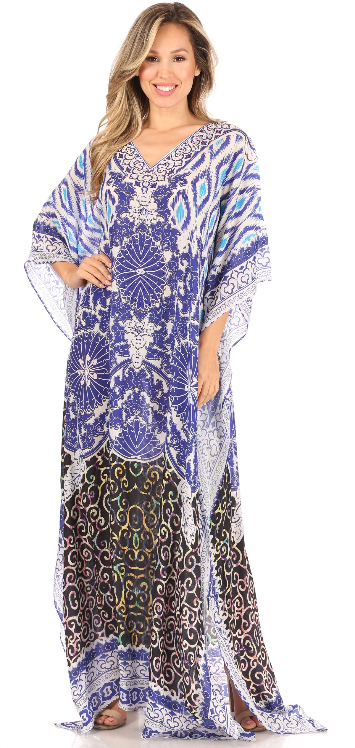 Sakkas Anahi Flowy Design V Neck Long Caftan Dress / Cover Up With Rhinestone