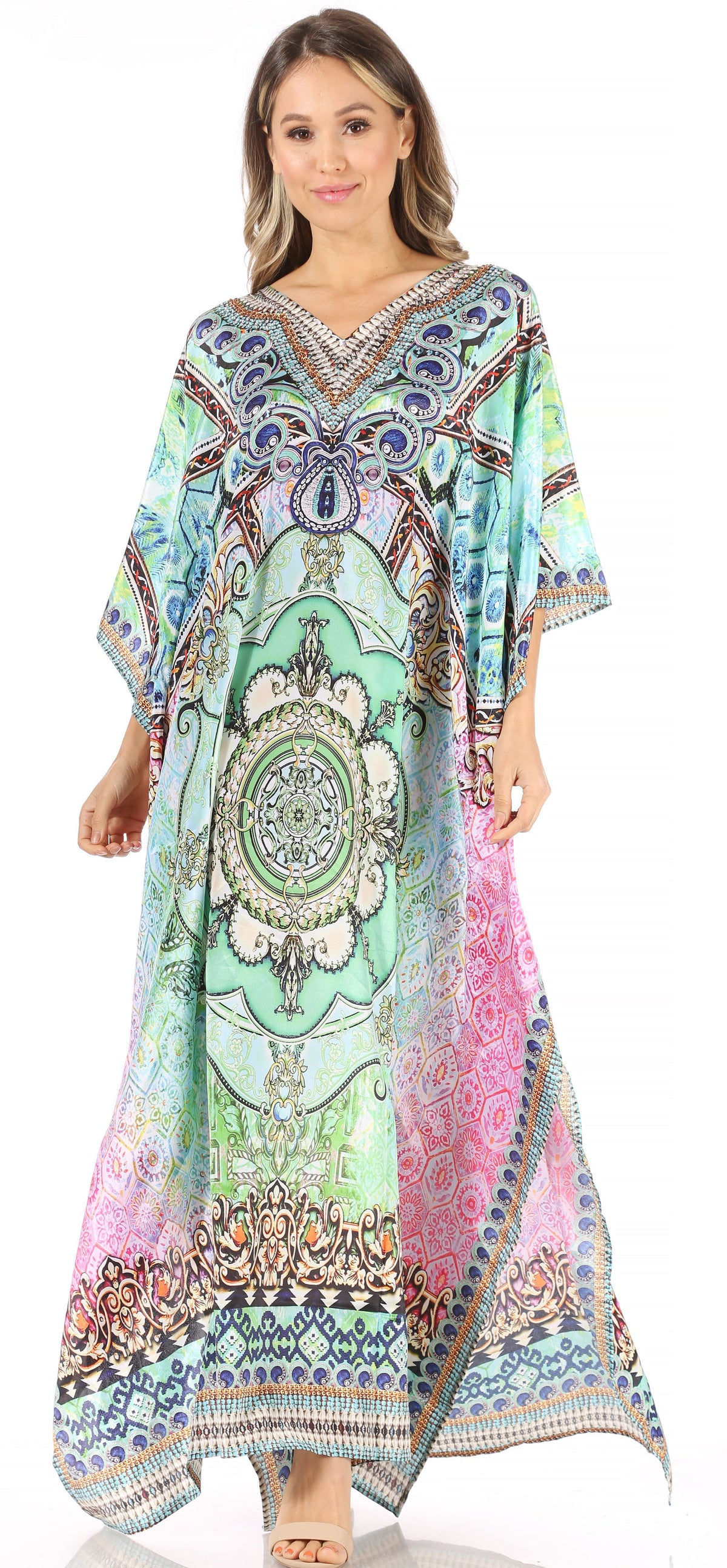 Sakkas Anahi Flowy Design V Neck Long Caftan Dress / Cover Up With Rhinestone