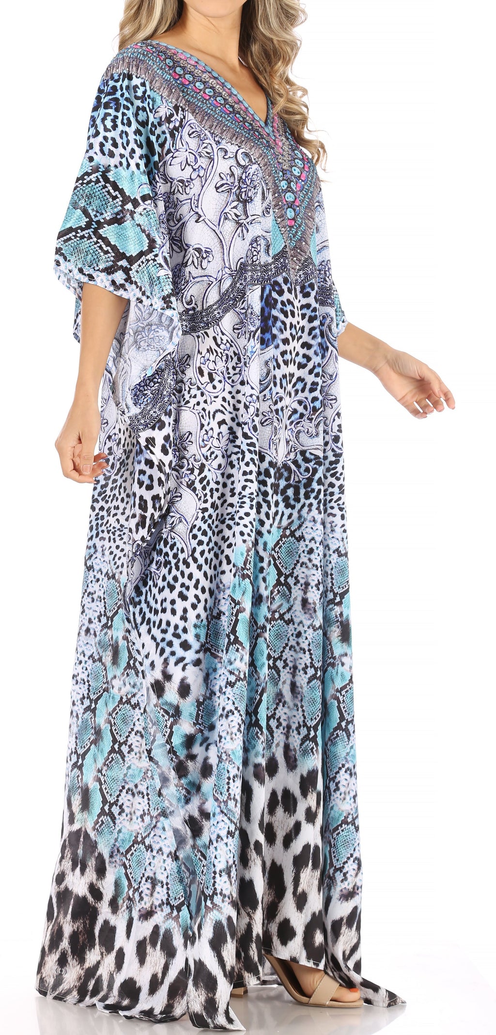 Sakkas Anahi Flowy Design V Neck Long Caftan Dress / Cover Up With Rhinestone