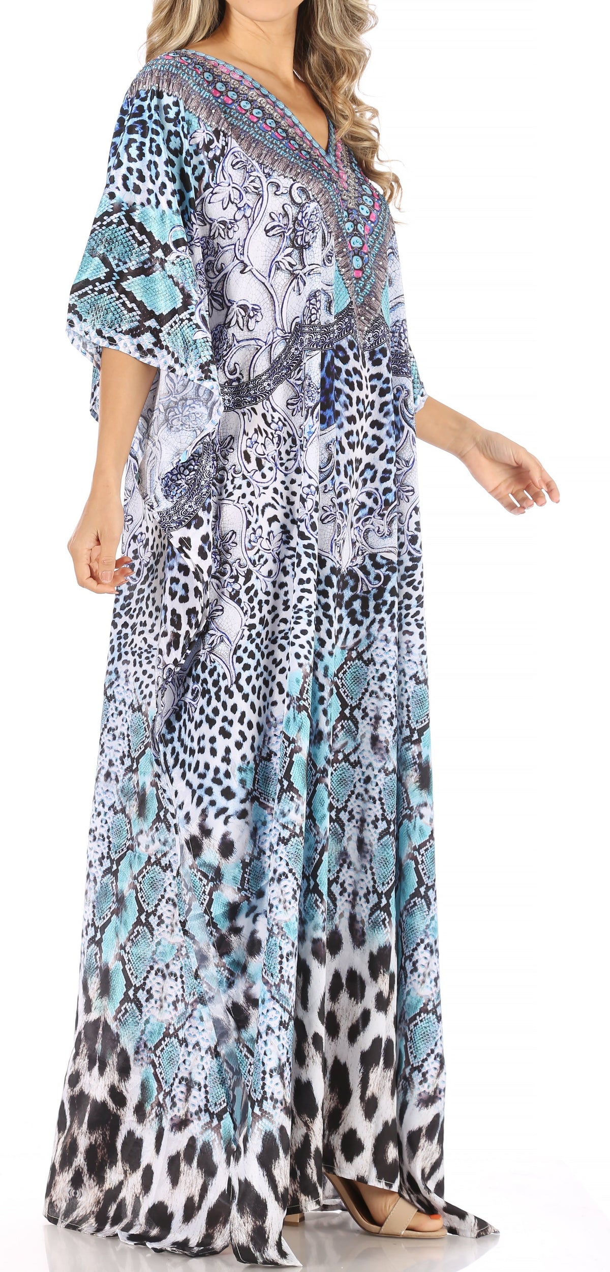 Sakkas Anahi Flowy Design V Neck Long Caftan Dress / Cover Up With Rhinestone