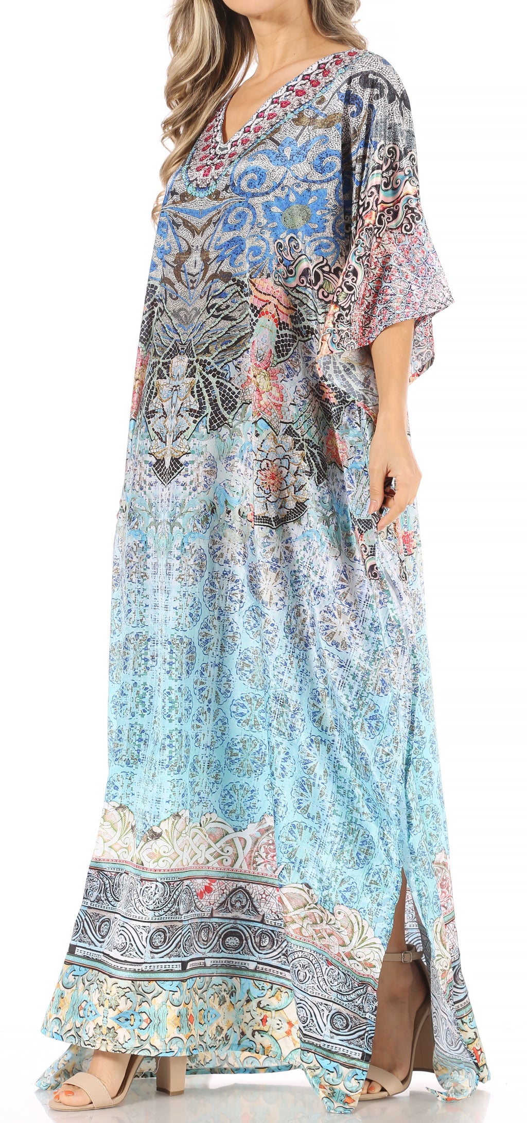 Sakkas Anahi Flowy Design V Neck Long Caftan Dress / Cover Up With Rhinestone