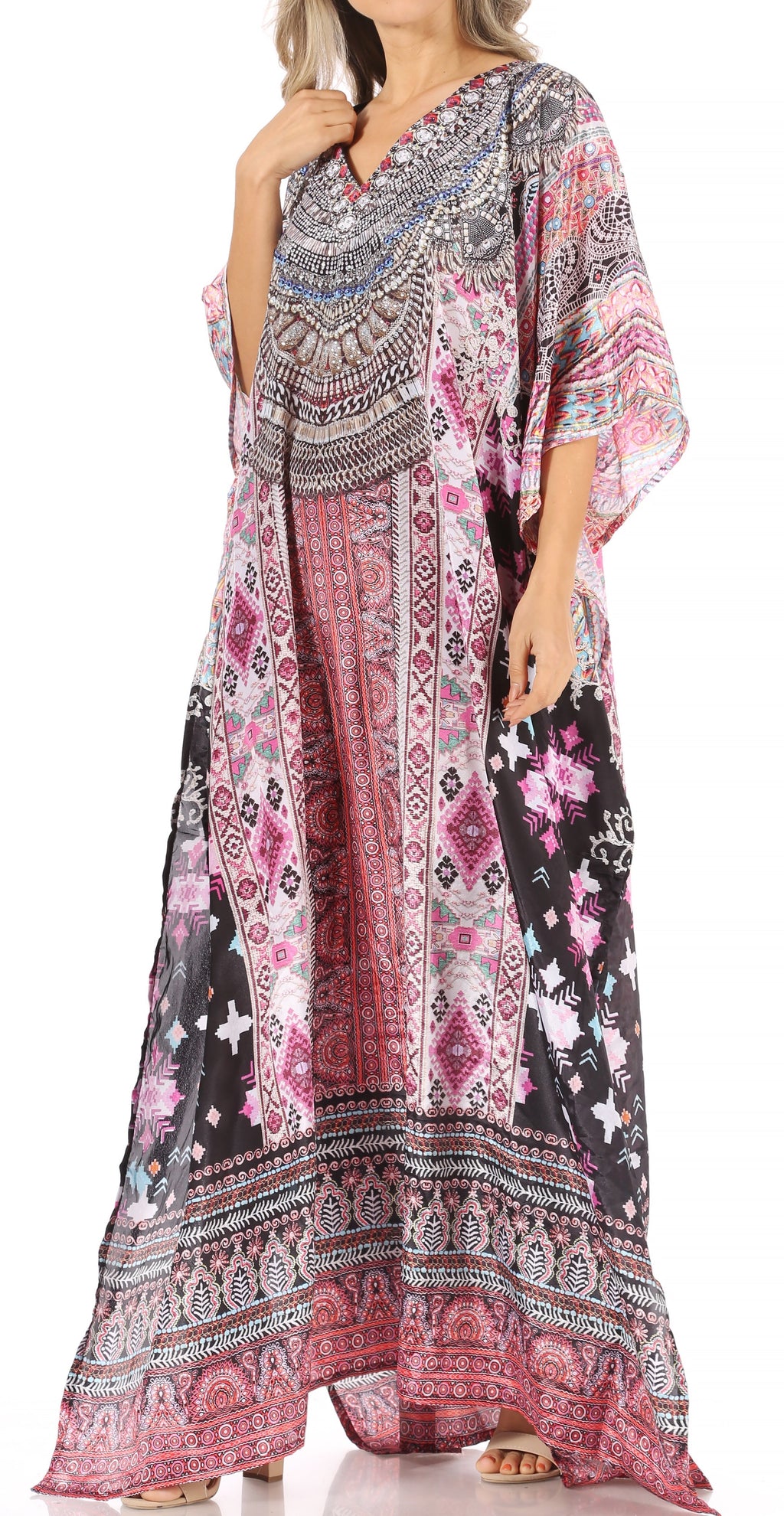 Sakkas Anahi Flowy Design V Neck Long Caftan Dress / Cover Up With Rhinestone