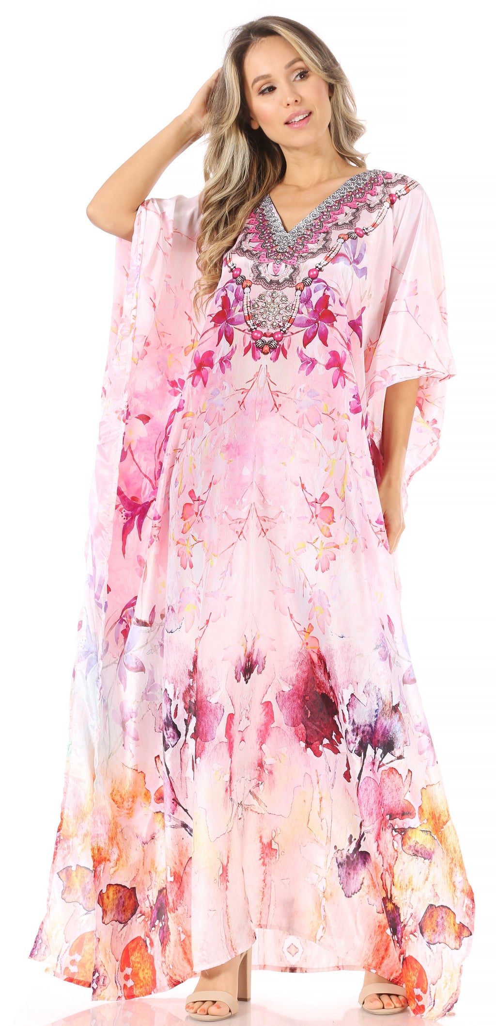 Sakkas Anahi Flowy Design V Neck Long Caftan Dress / Cover Up With Rhinestone