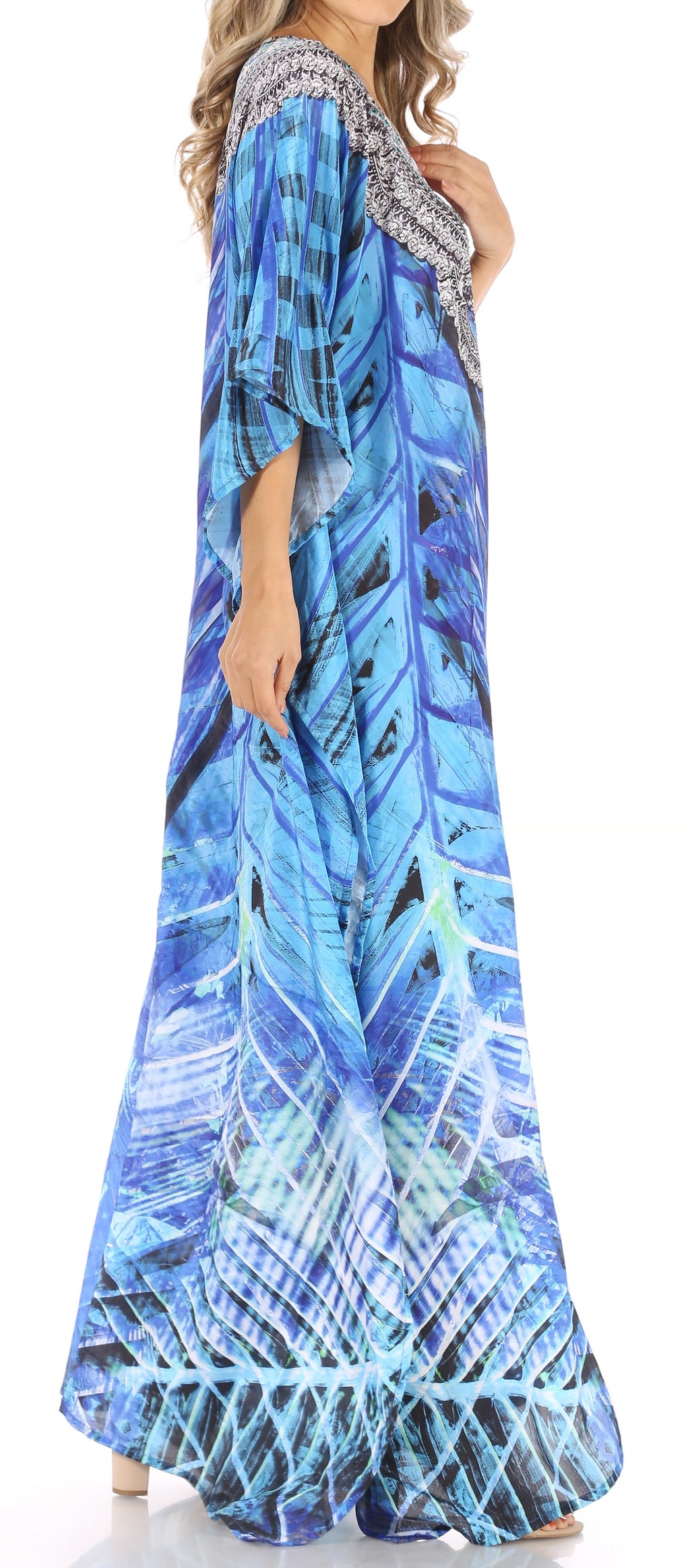 Sakkas Anahi Flowy Design V Neck Long Caftan Dress / Cover Up With Rhinestone