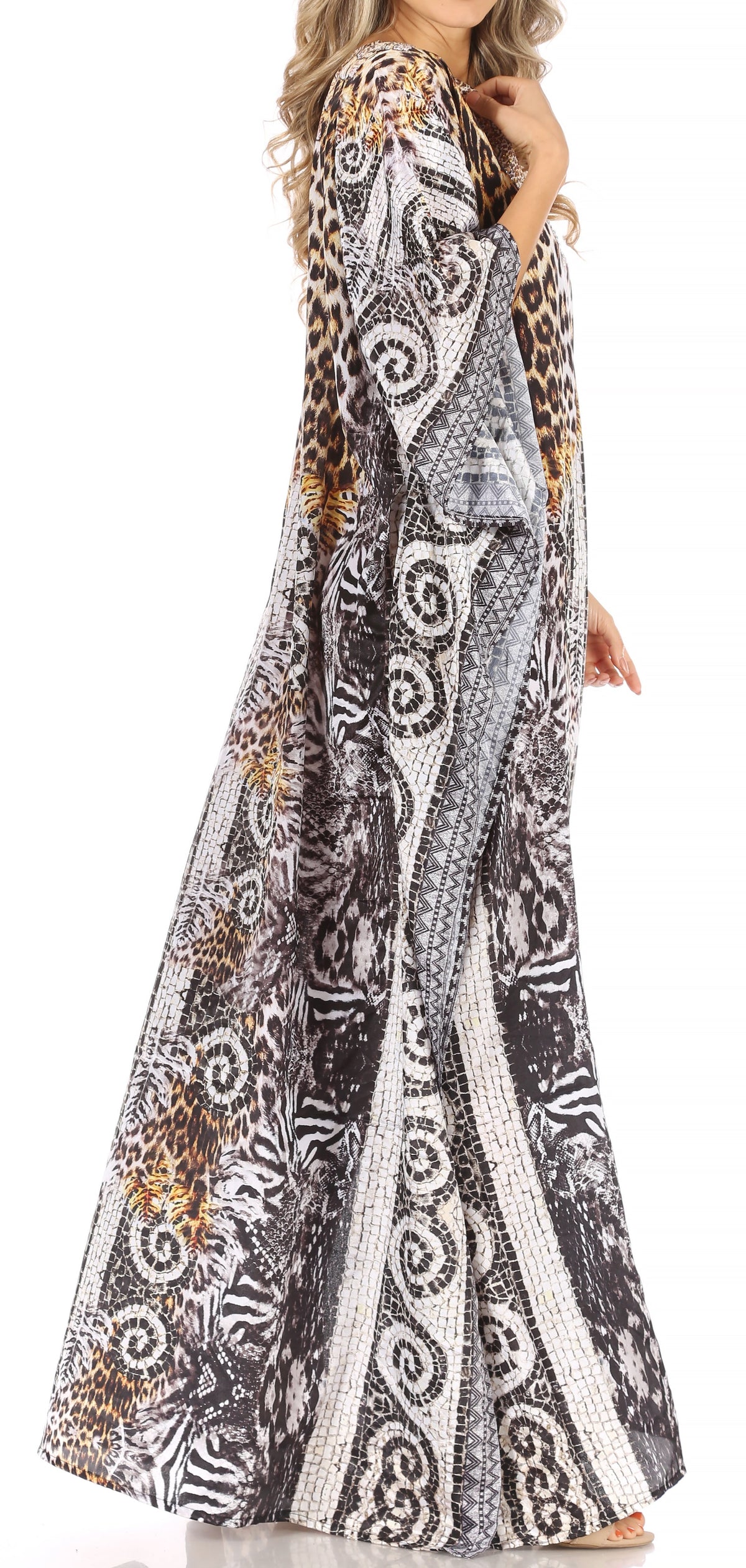 Sakkas Anahi Flowy Design V Neck Long Caftan Dress / Cover Up With Rhinestone