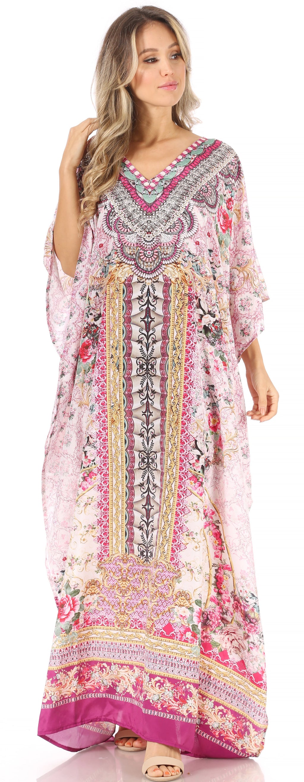 Sakkas Anahi Flowy Design V Neck Long Caftan Dress / Cover Up With Rhinestone