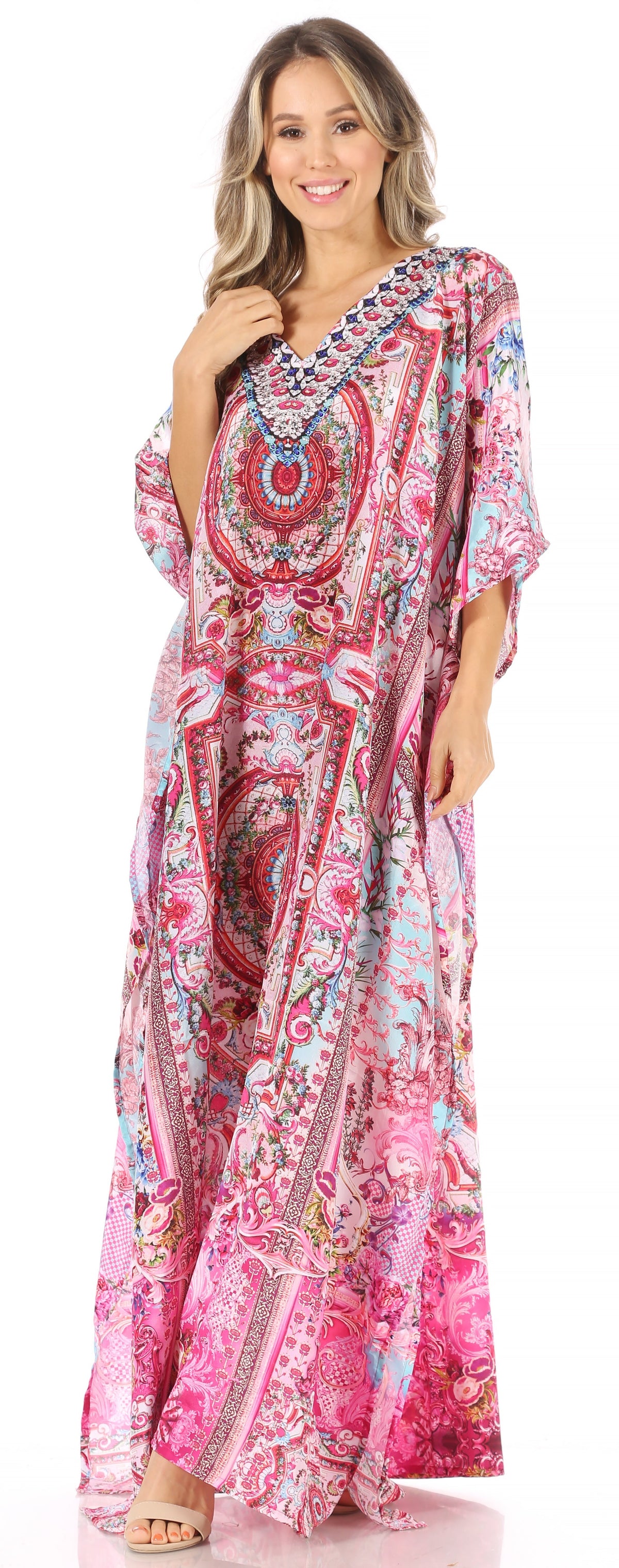 Sakkas Anahi Flowy Design V Neck Long Caftan Dress / Cover Up With Rhinestone