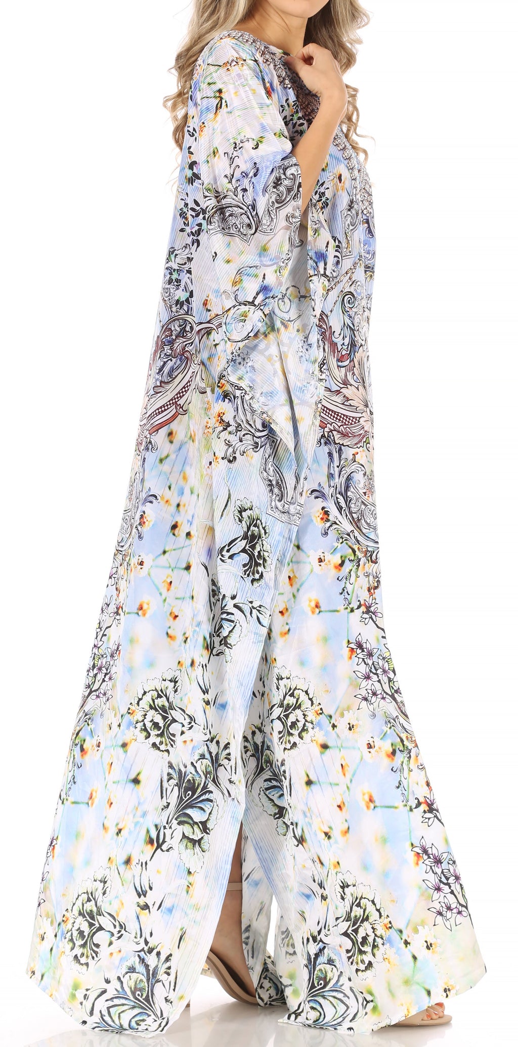 Sakkas Anahi Flowy Design V Neck Long Caftan Dress / Cover Up With Rhinestone