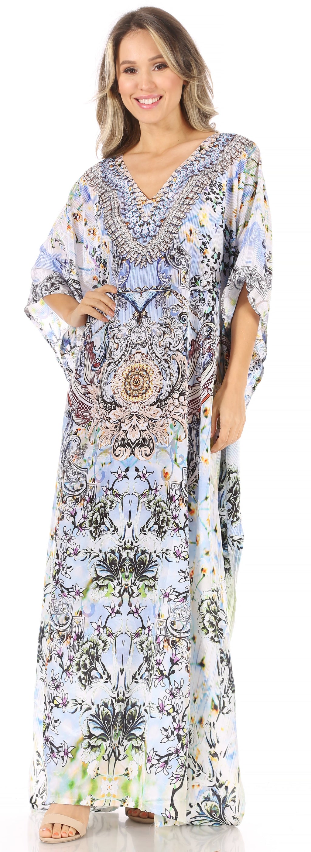 Sakkas Anahi Flowy Design V Neck Long Caftan Dress / Cover Up With Rhinestone