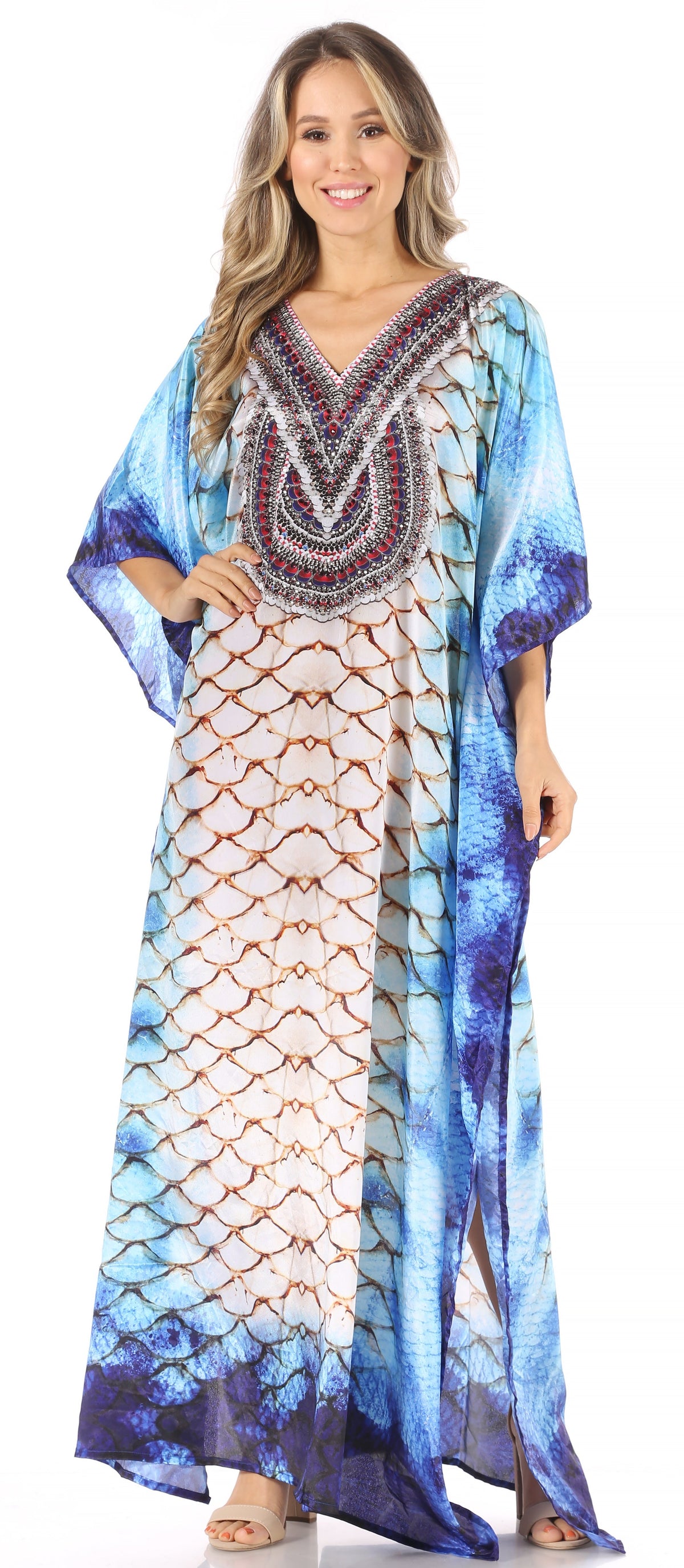 Sakkas Anahi Flowy Design V Neck Long Caftan Dress / Cover Up With Rhinestone