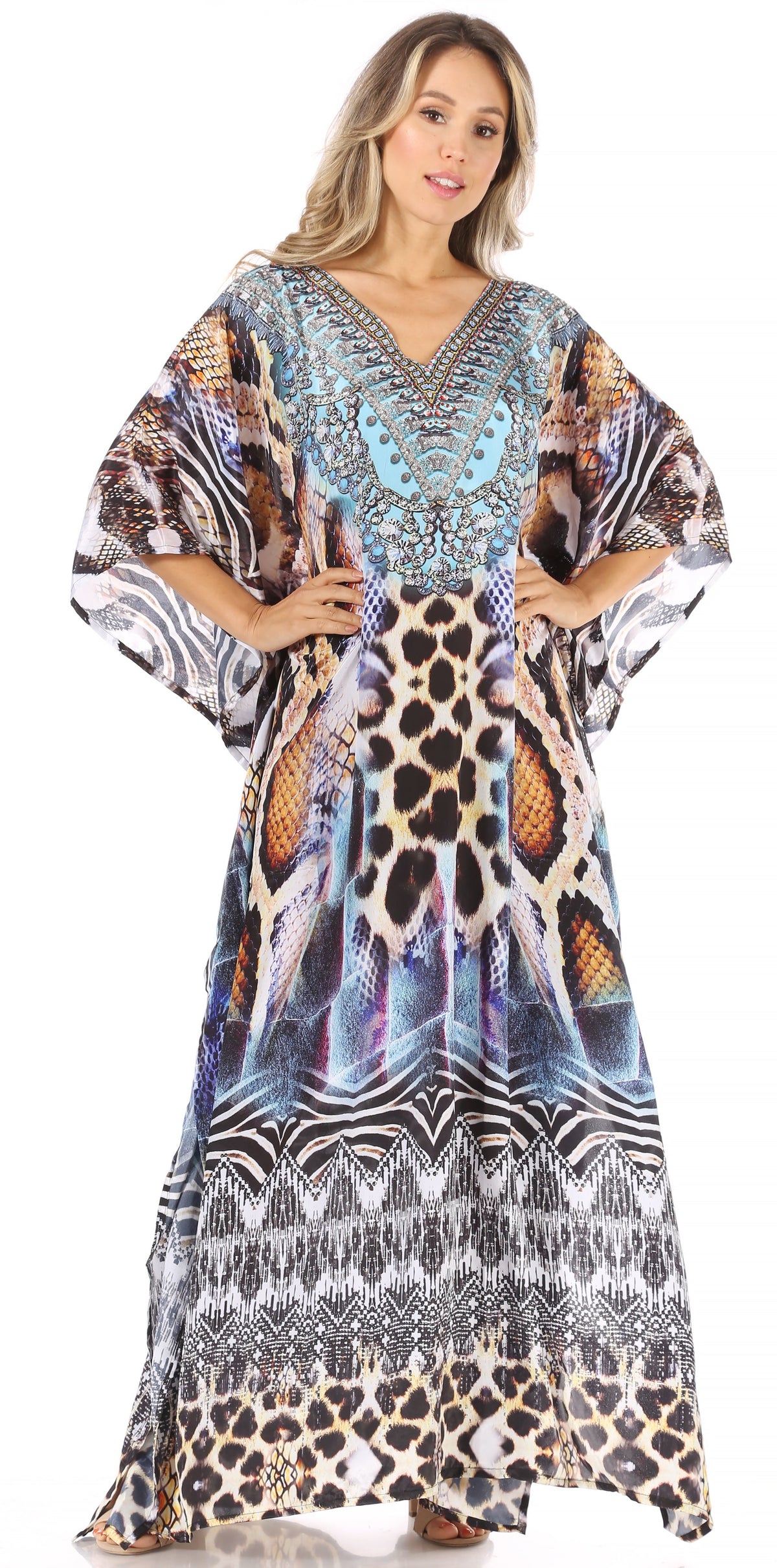 Sakkas Anahi Flowy Design V Neck Long Caftan Dress / Cover Up With Rhinestone