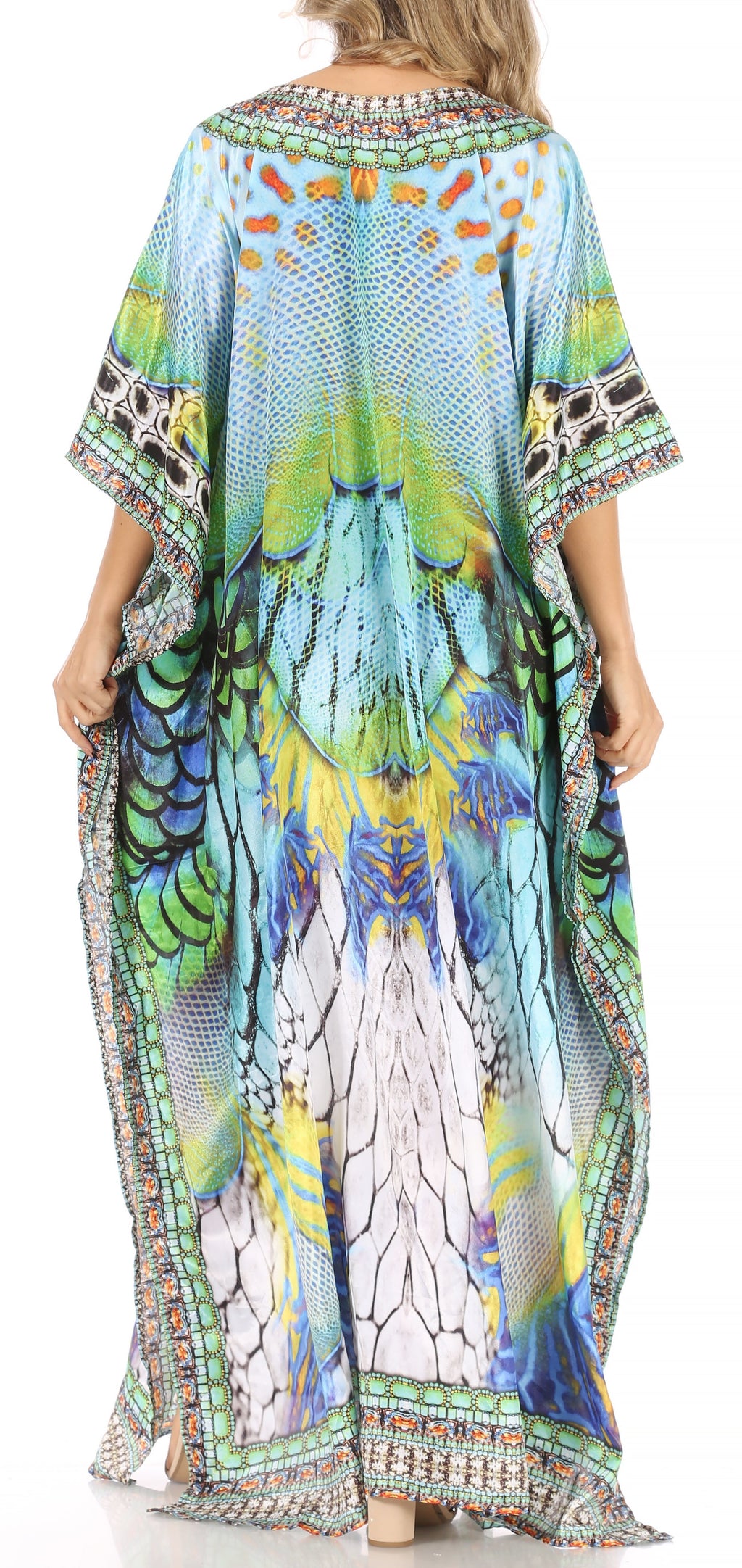 Sakkas Anahi Flowy Design V Neck Long Caftan Dress / Cover Up With Rhinestone