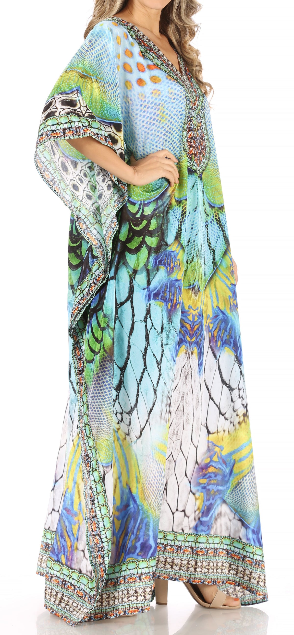 Sakkas Anahi Flowy Design V Neck Long Caftan Dress / Cover Up With Rhinestone