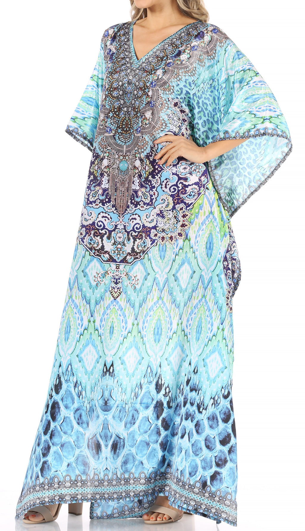 Sakkas Anahi Flowy Design V Neck Long Caftan Dress / Cover Up With Rhinestone