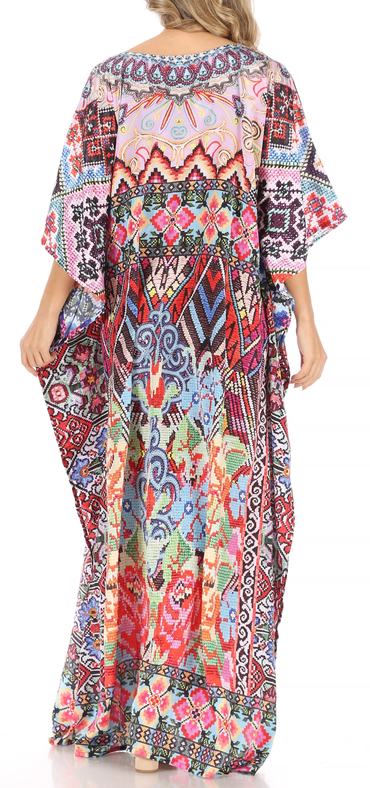 Sakkas Anahi Flowy Design V Neck Long Caftan Dress / Cover Up With Rhinestone