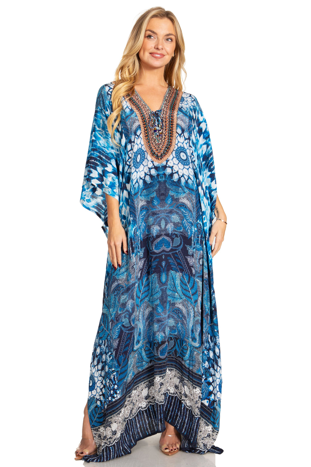 Sakkas Georgettina 2025 Flowy Rhinestone V Neck Long Caftan Dress / Cover Up