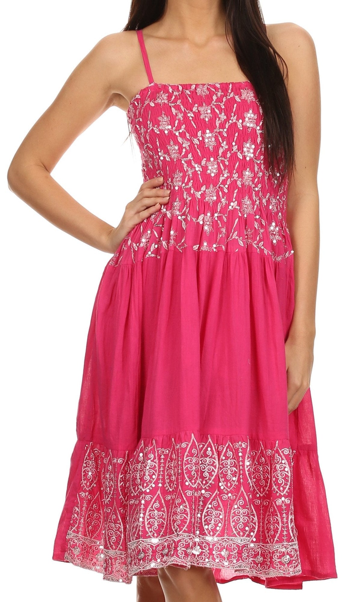 Sakkas Irina Sequin Embroidered Smocked Bodice Mid Length Dress