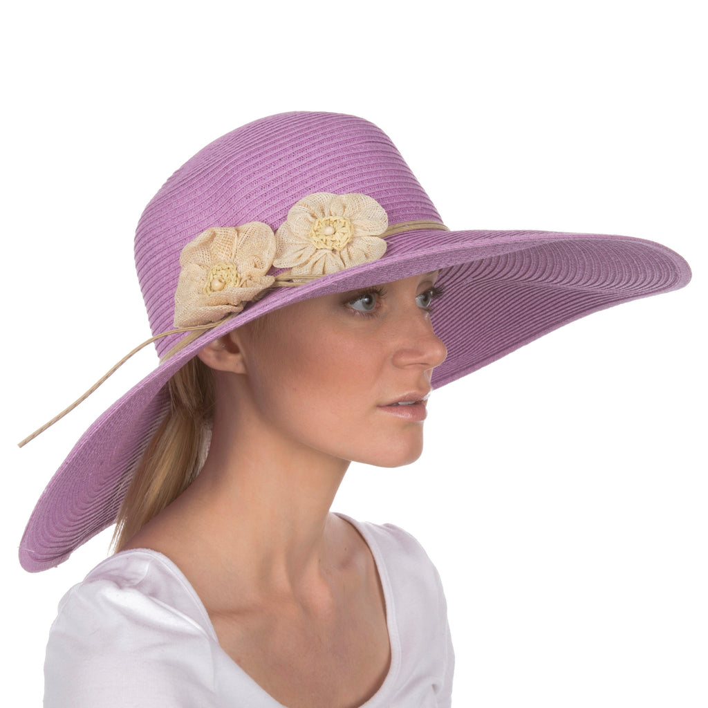 Sakkas Bella UPF 50+ 100% Paper Straw Flower Accent Wide Brim Floppy Hat