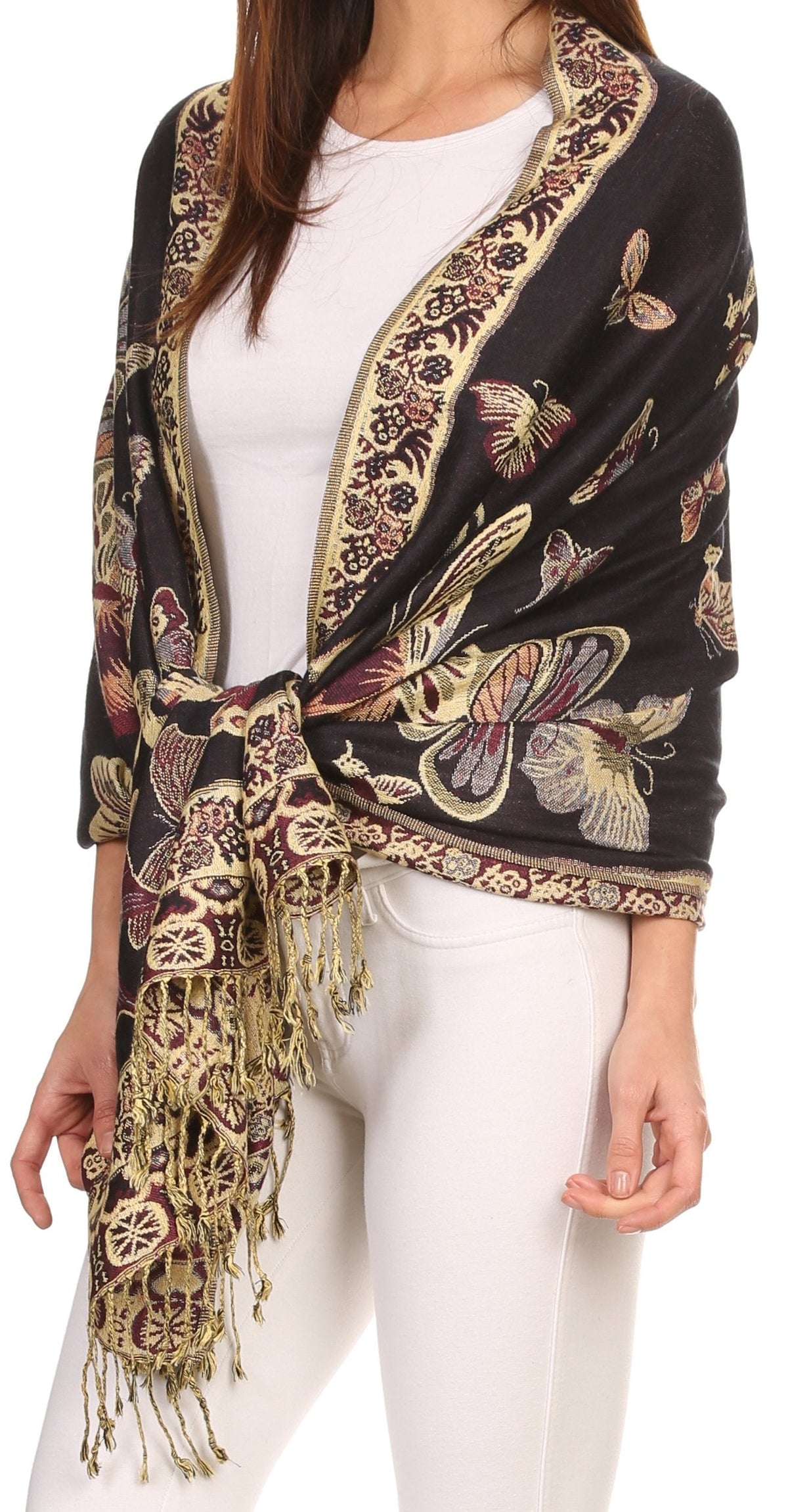 Sakkas Liua Long Wide Woven Patterned Design Multi Colored Pashmina Shawl / Scarf