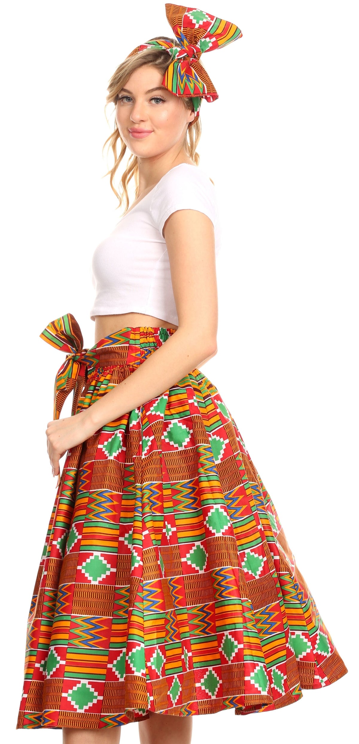 Sakkas Ama Women's Vintage Circle African Ankara Print Midi Skirt with Pockets